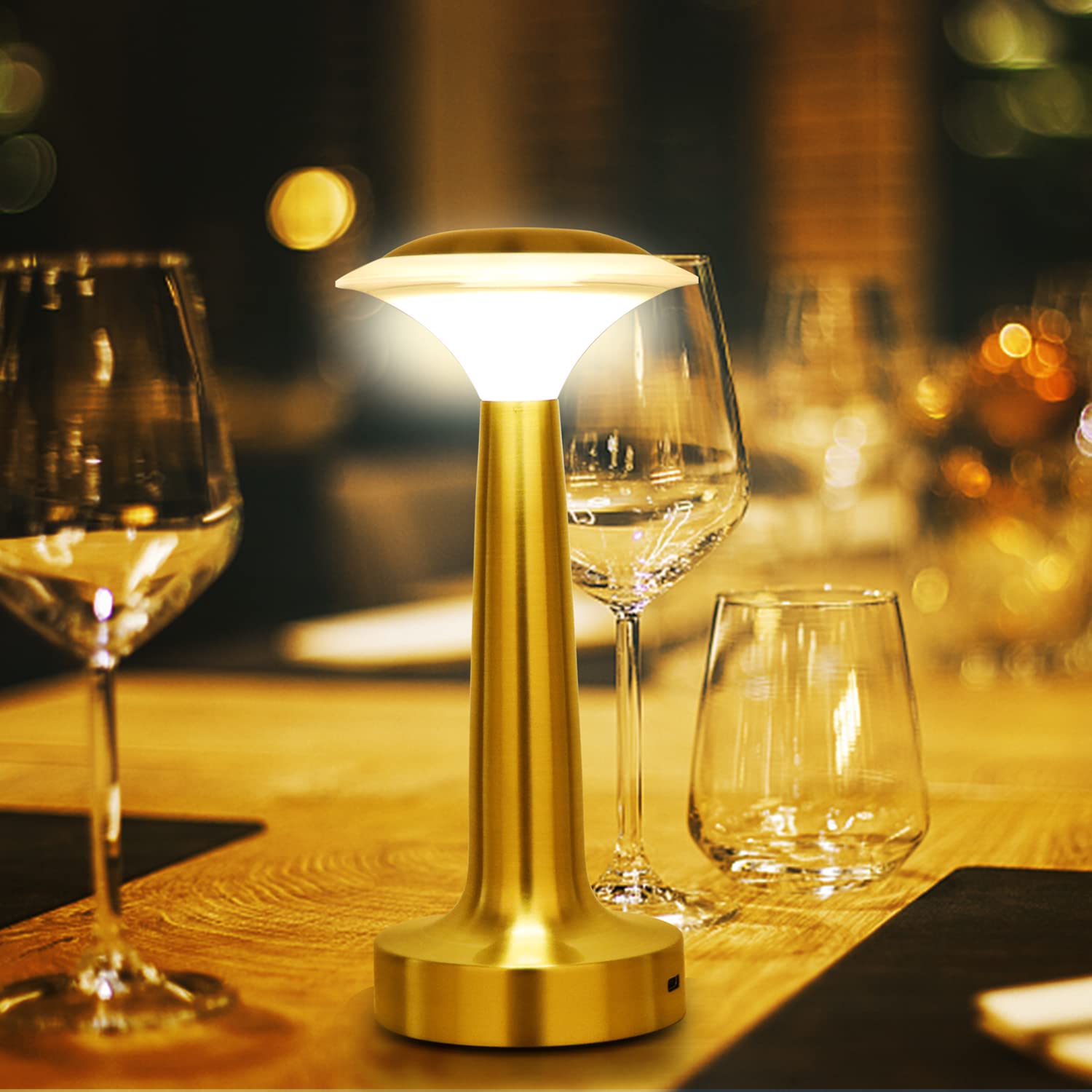 UMEXUS Small Cordless Table Lamp - Rechargeable Battery Operated LED Night Light with Dimmable Touch Control, Portable Ambient Lighting for Bedroom, Restaurant, Bar, Patio, Dining Table - Gold Finish for Warm Home Decor