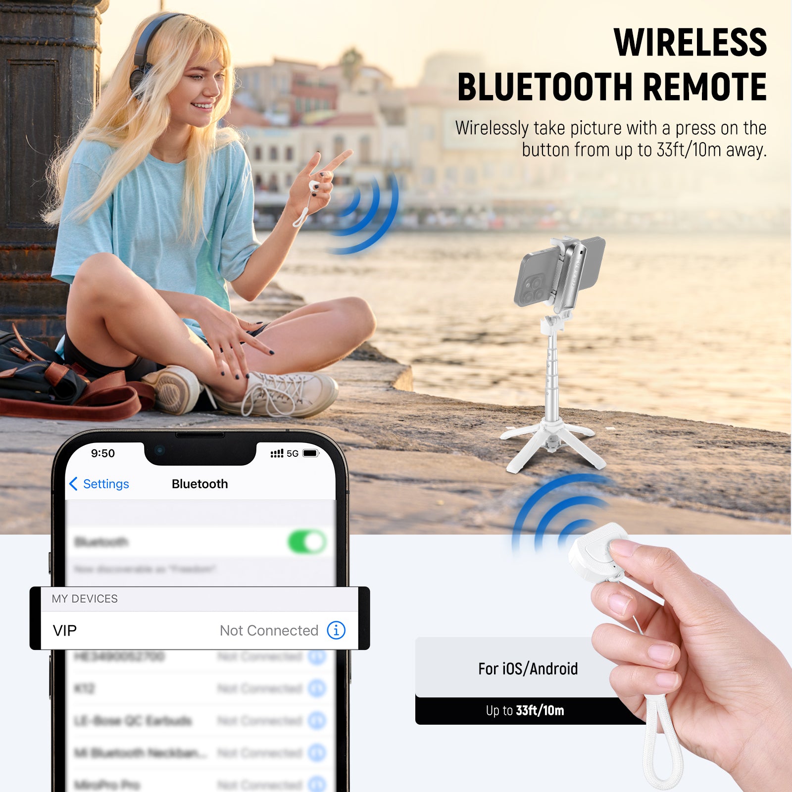 NEEWER P15 Foldable Selfie Stick Tripod with Bluetooth Remote Shutter - Portable Phone Stand for iPhone Android, Perfect for Vlogging, Travel & Group Photos