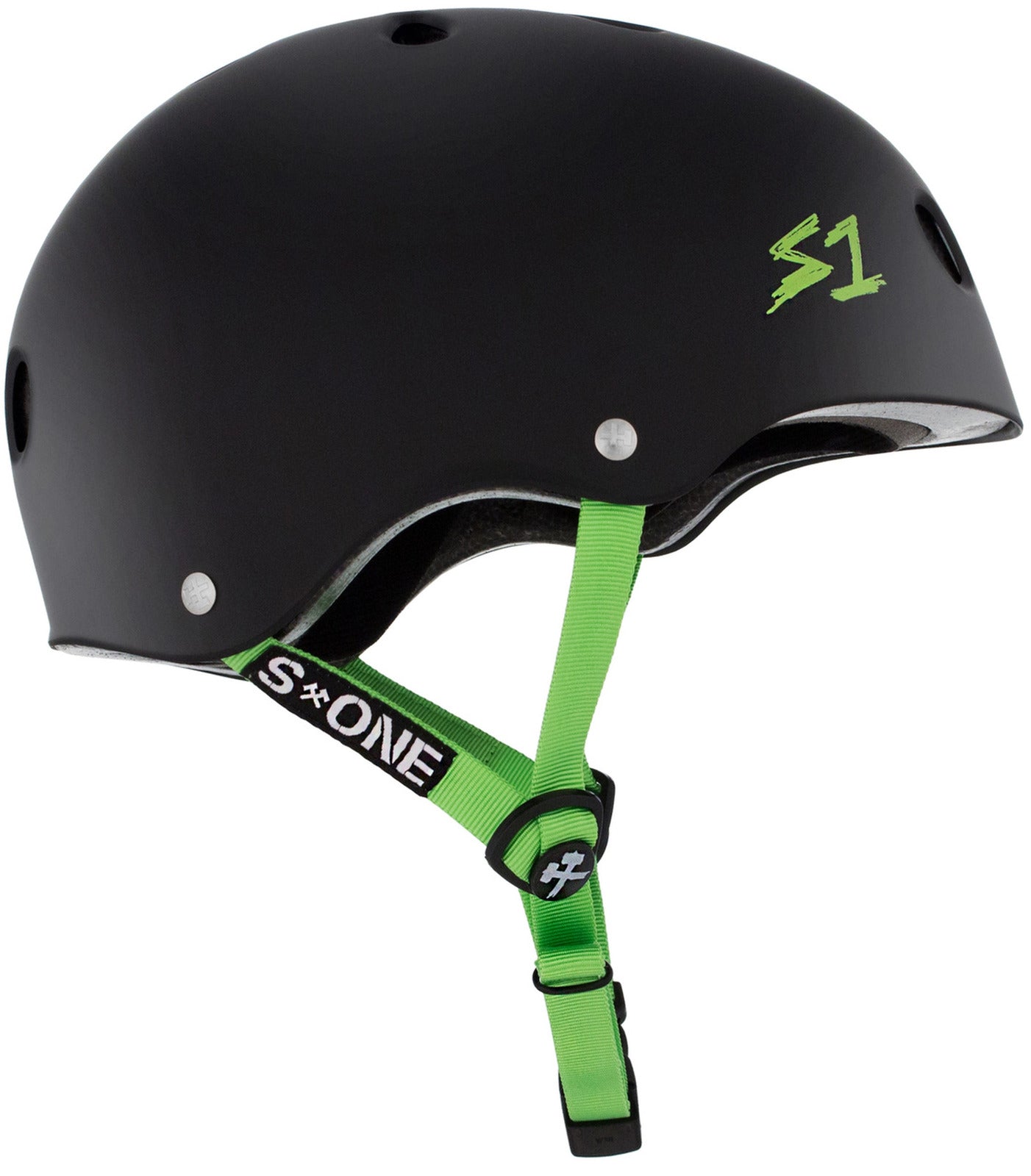 S1 Lifer Helmet - Black Matte with Green Strap - Certified Skateboard, Bike & Scooter Safety Gear for Kids & Adults