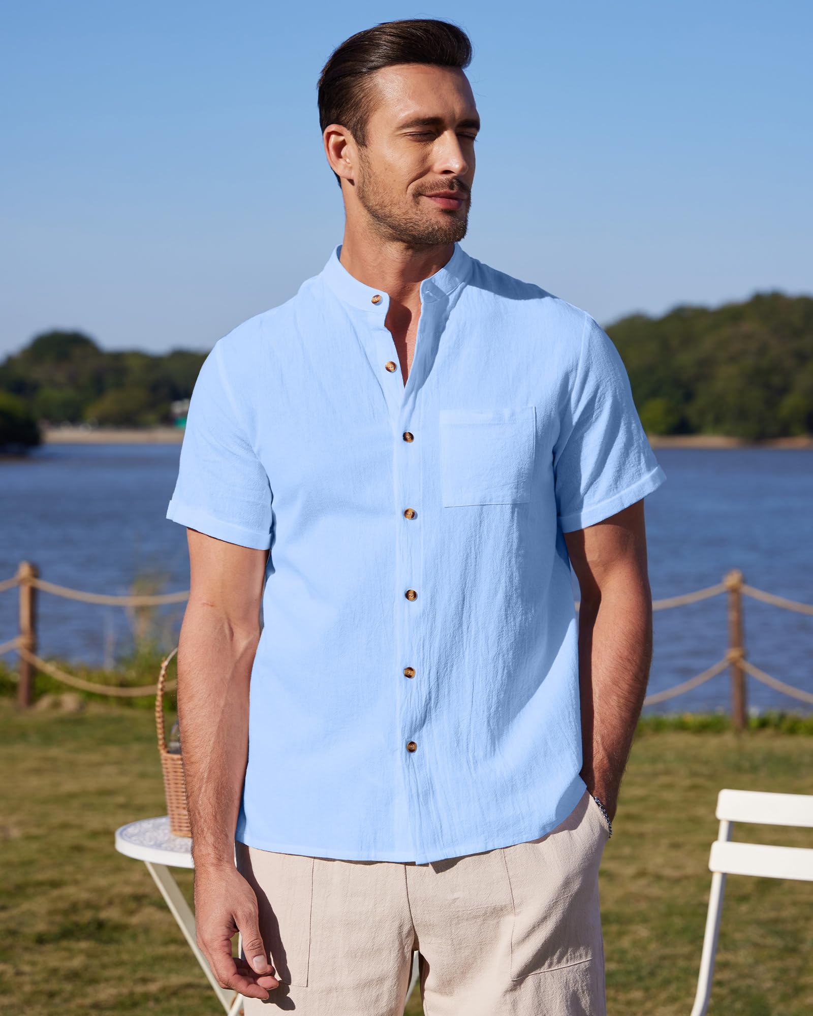 YAOBAOLE Men's Summer Linen Shirts - Breathable Short Sleeve Casual Button Down Shirt for Beach, Vacation & Outdoor Activities | Lightweight Comfortable Grandad Style Shirts for Men