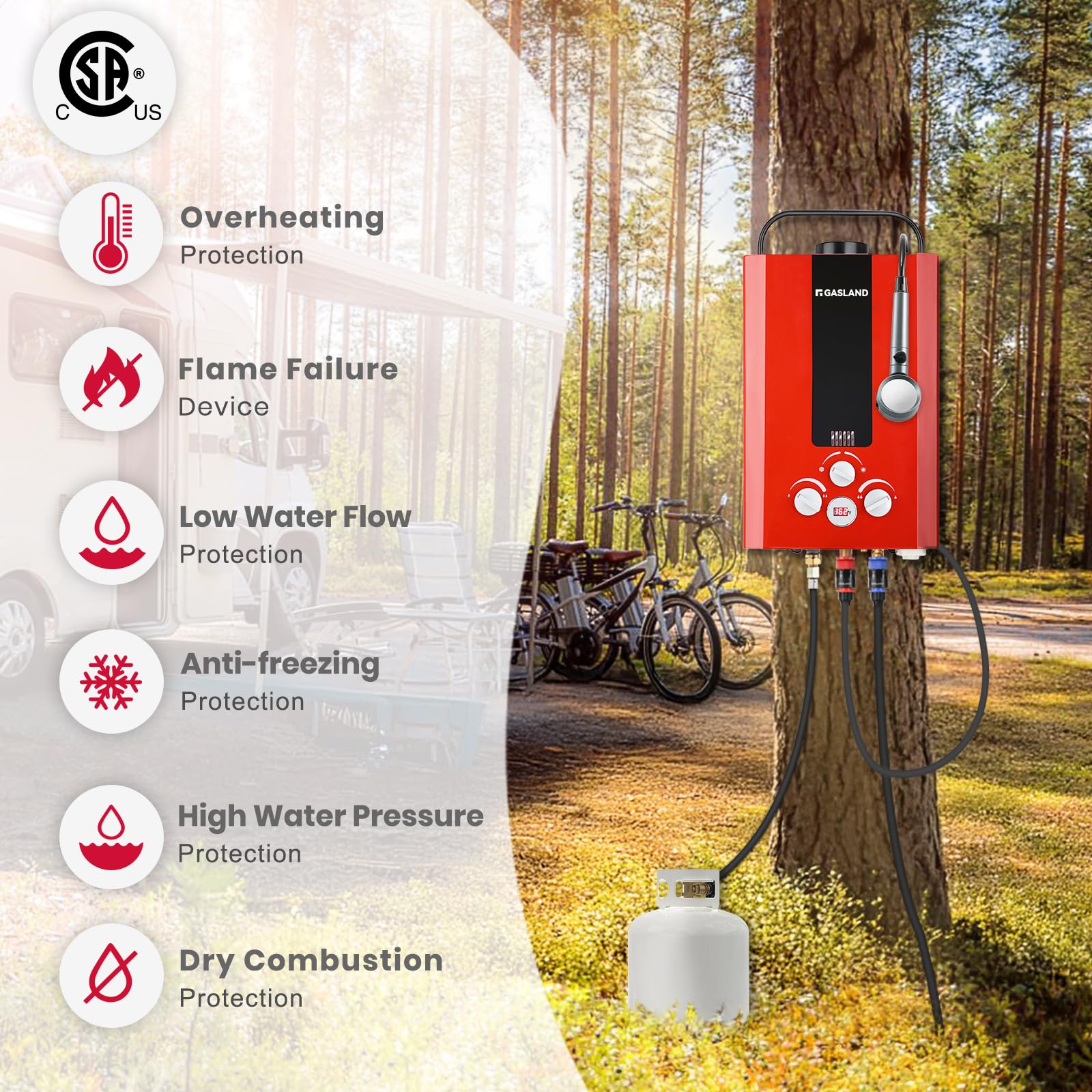 GASLAND BE158R 1.58GPM 6L Portable Tankless Propane Water Heater for RV, Camping, Cabin & Boat - Instant Hot Water with Overheat Protection, Easy Installation (Red) | Perfect for Outdoor Showers, Washing Dishes & Hand Washing During Travel