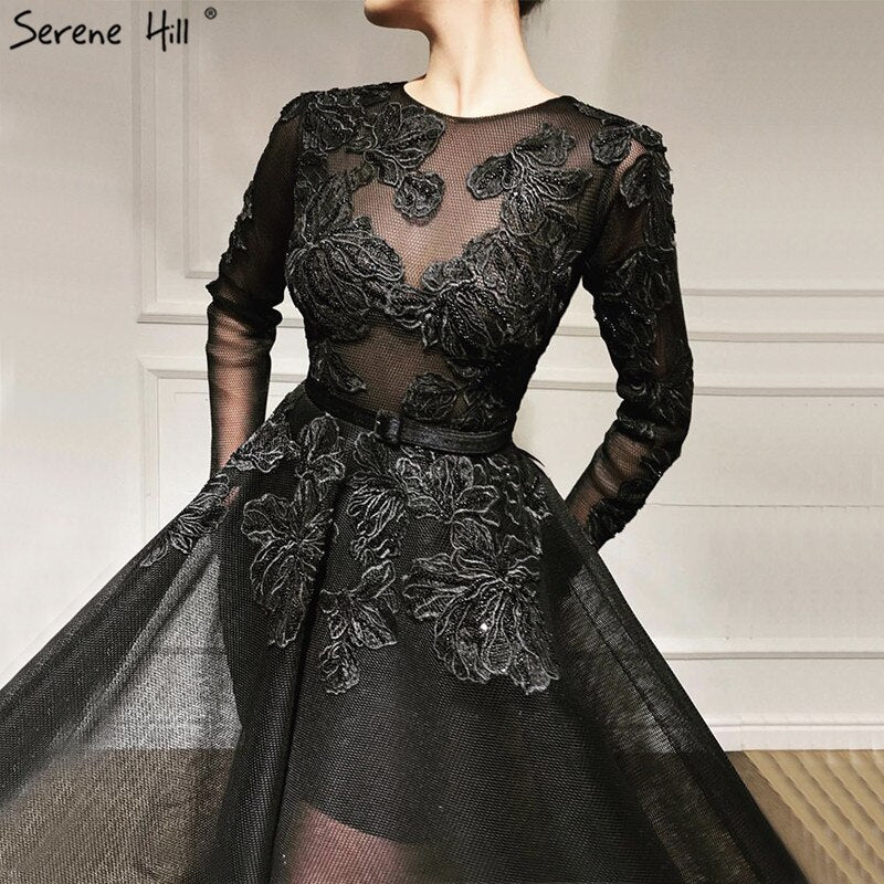 Elegant Long Sleeve Black Floral Evening Gown LA60837 - Perfect for Prom, Wedding Guest & Formal Events