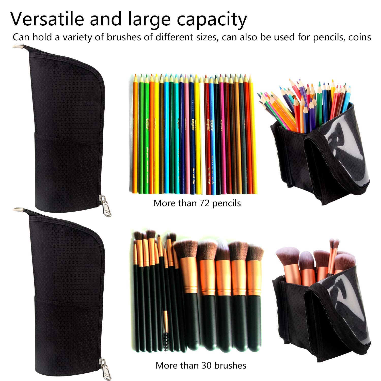 Professional Makeup Brush Case - Large Travel Cosmetic Brush Holder Bag, Waterproof Foldable Stand-up Organizer for Makeup Artists & Essentials (Black, Large) | Perfect for Travel, Home Storage & Professional Use