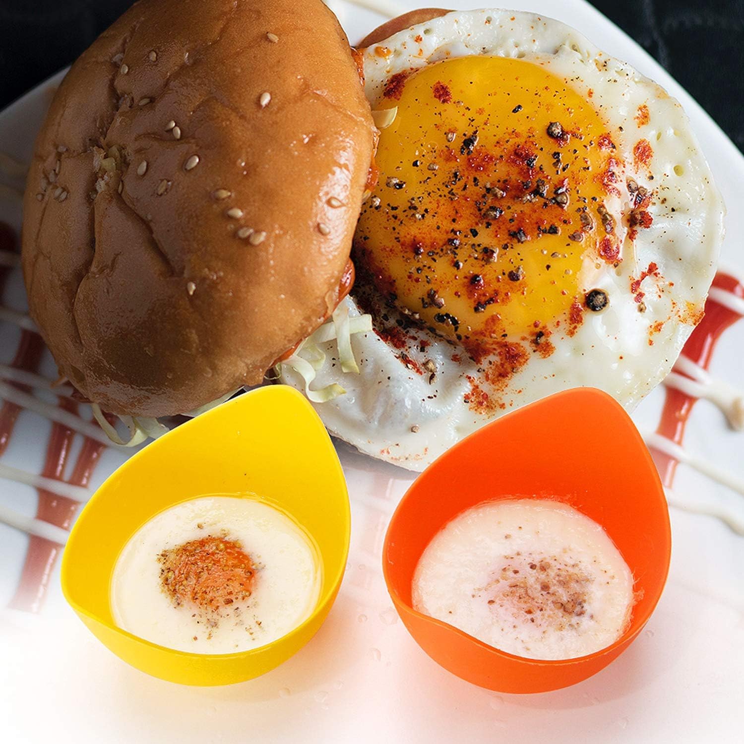 4-Pack Silicone Egg Poacher Cups with Ring Stands - BPA Free Microwave, Stovetop & Air Fryer Safe Egg Cooker - Includes Bonus Oil Brush - Perfect for Poached Eggs, Breakfast Meal Prep & Healthy Cooking