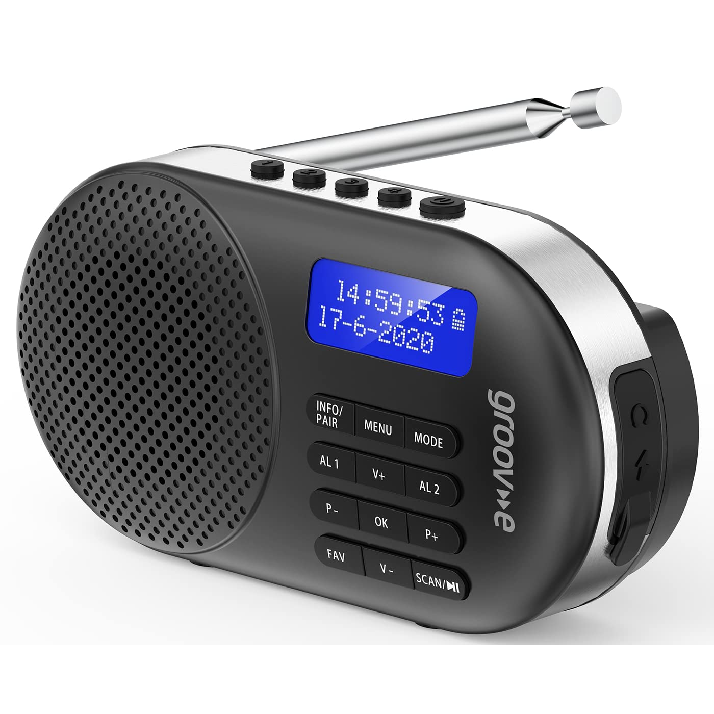Groov-e Milan Rechargeable DAB FM Digital Radio with Bluetooth, Alarm Clock & LCD Display | Portable Wireless Radio for Home, Office, Travel | 60 Preset Stations, USB/Battery Powered (Black)