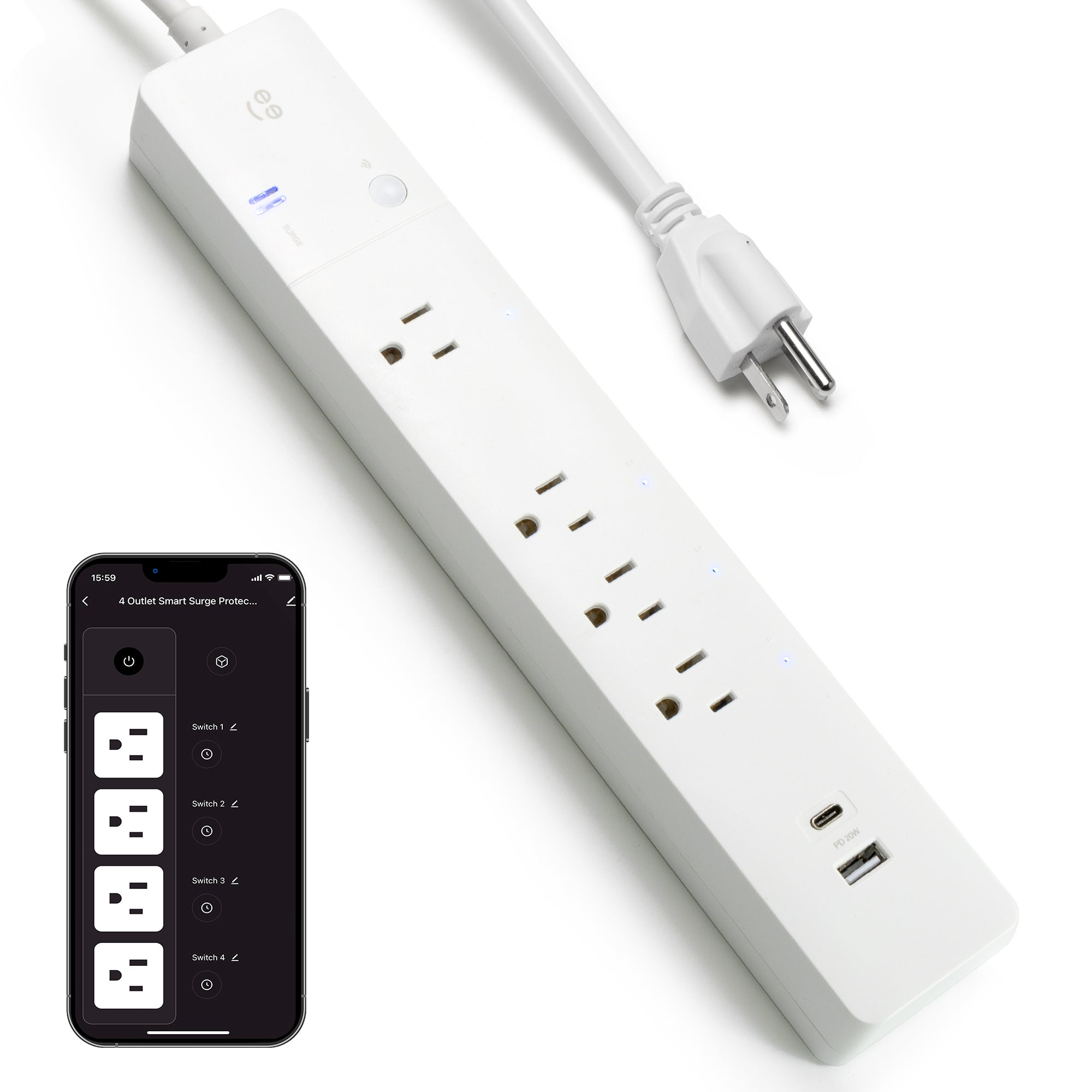 Geeni Smart Power Strip with 4 Outlets & 2 USB Ports - Multi Plug Extension Cord for Home, Office, Bedroom - Charge Phones, Laptops & Small Appliances