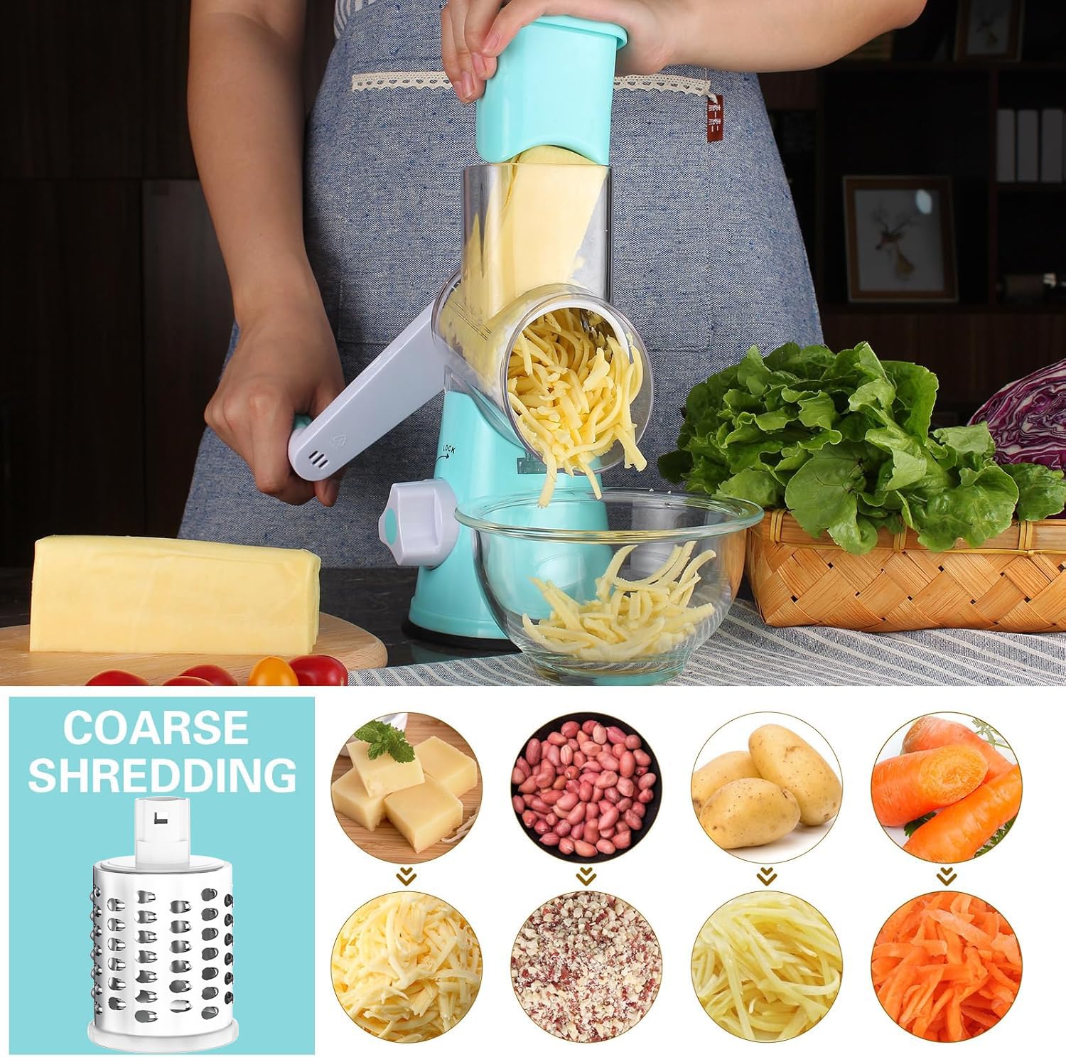 Cambom Rotary Cheese Grater - Hand Crank Cheese Shredder for Fresh Cheese, Vegetables, Nuts - Non-Slip Suction Base with Free Cleaning Brush & 3 Blades (Blue) - Perfect for Pizza, Pasta, Salads & Cooking Prep