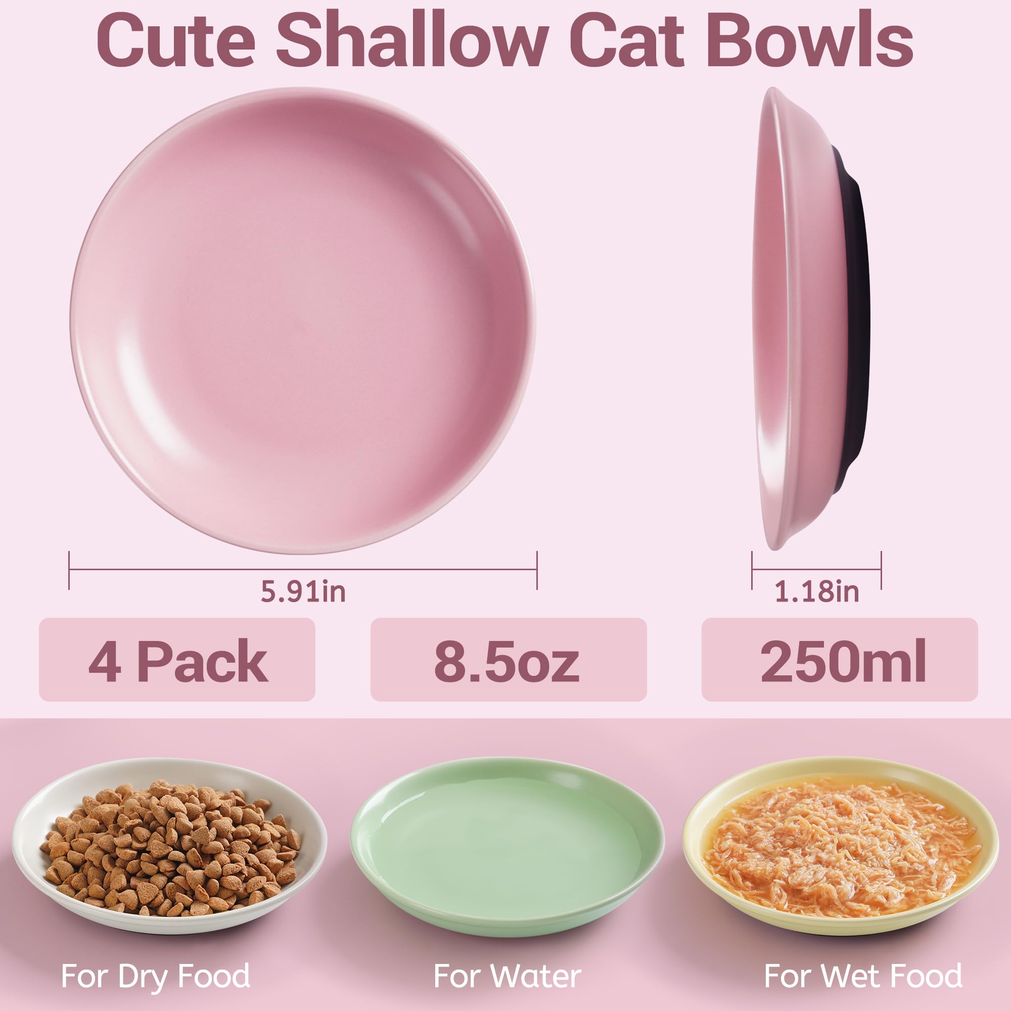 Non-Slip Ceramic Cat Bowls Set - 4 Pack Whisker Friendly Pet Dishes for Food & Water - Perfect for Indoor Cats & Small Dogs