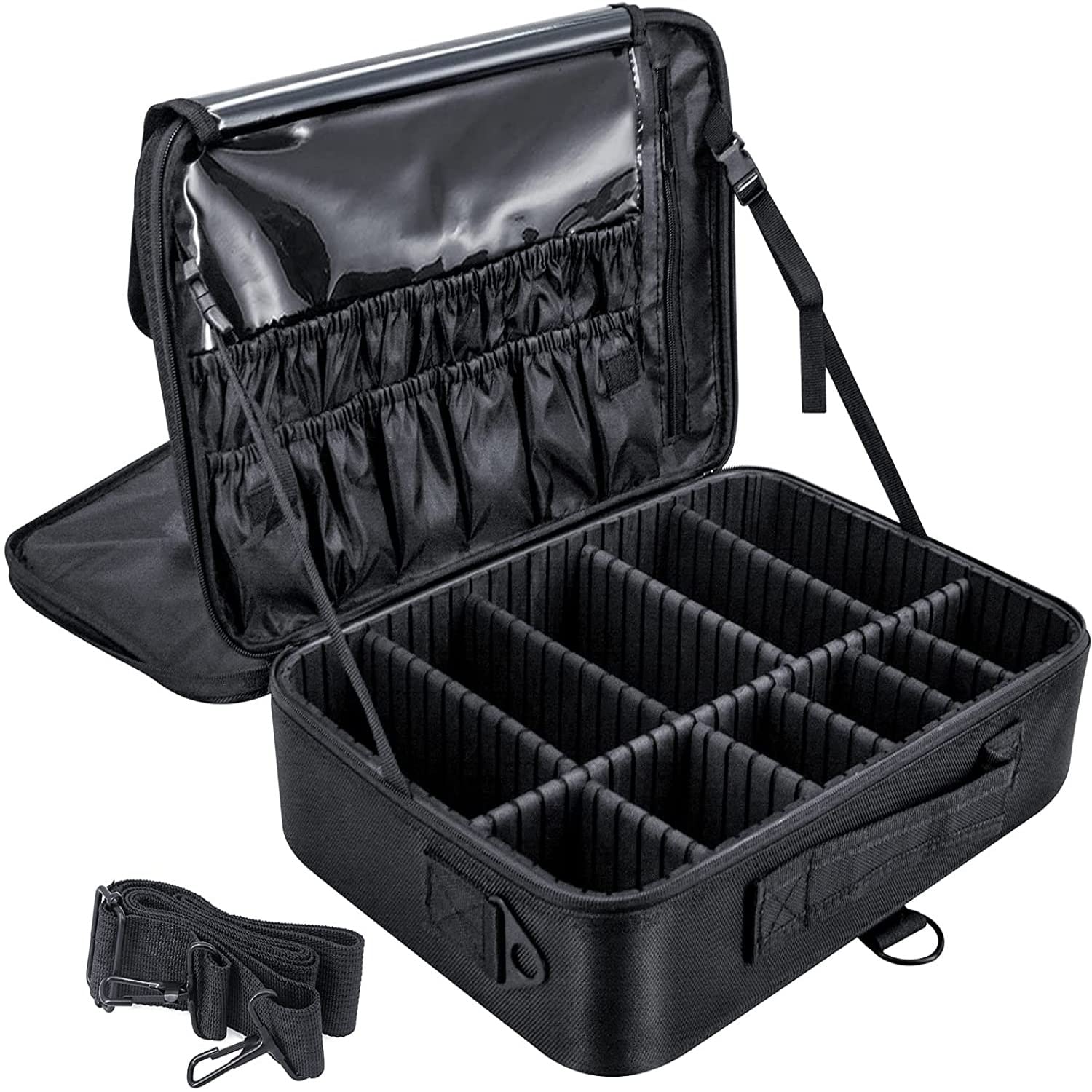 GOCART WITH G LOGO 18 Inch Black Train Case Makeup Organizer - Adjustable Dividers, Vanity Storage Box for Cosmetics & Beauty Tools | Perfect for Travel, Salon & Home Use