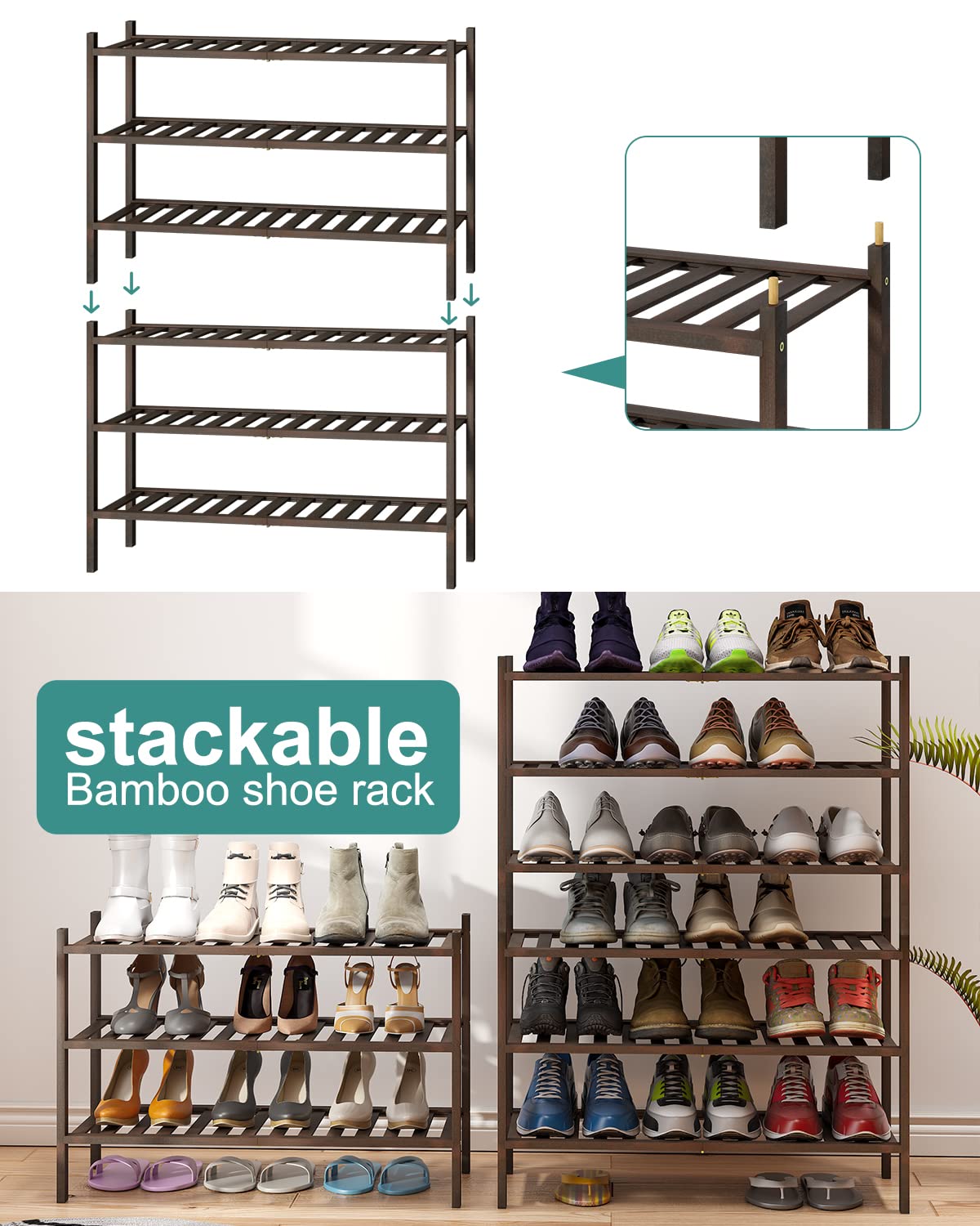 3-Tier Stackable Bamboo Shoe Rack for Closet - Natural Wood Shoe Organizer for Entryway, Hallway & Bedroom - Sturdy & Space-Saving Shoe Storage Solution for Home Organization