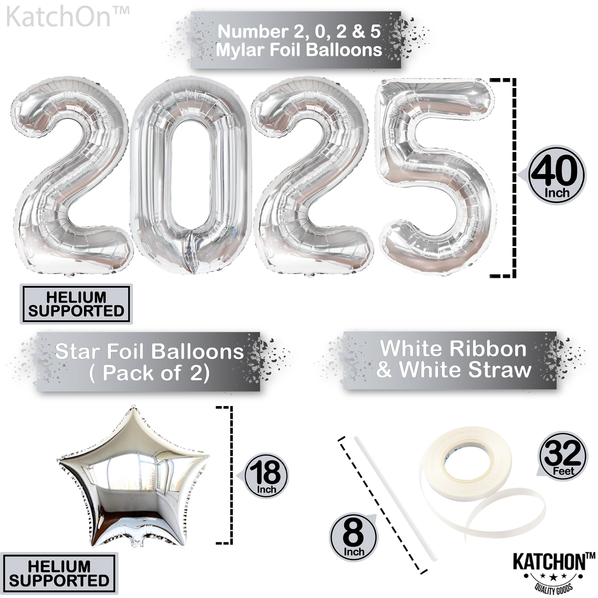 KatchOn 40 Inch Silver 2025 Graduation Balloons - Class of 2025 Party Decorations | Large Metallic Balloons for Graduation Ceremony, Photo Backdrops & Celebration Decor