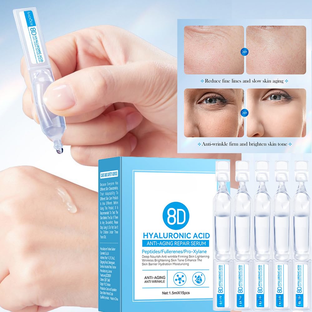 8D Hyaluronic Acid Serum for Face - Anti-Wrinkle Repair Essence with Deep Hydration, Ultra Moisturizing Skincare Vials (15pcs/Box) - Perfect for Dry Skin Care Routine & Night Time Skin Repair
