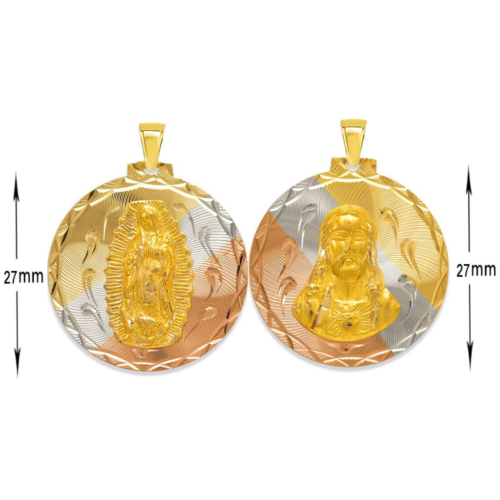 14K Gold Tricolor Round Guadalupe & Sacred Heart Two-Sided Catholic Pendant Necklace - Religious Jewelry for Women & Men, 27mm - Perfect for Baptism, First Communion & Spiritual Protection Gifts
