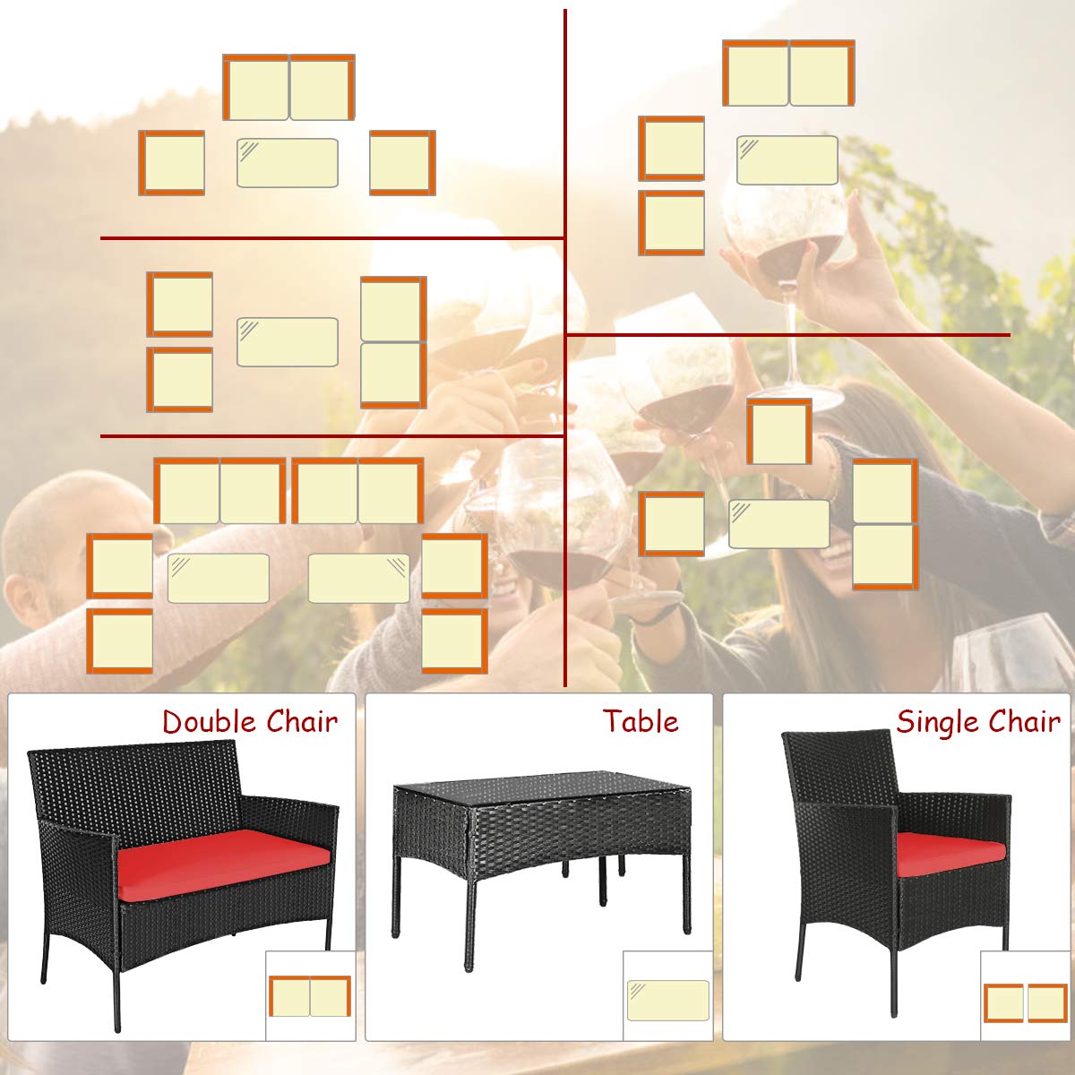 Tangkula 4-Piece Outdoor Patio Furniture Set - Wicker Rattan Loveseat & Chairs with Cushions & Tempered Glass Coffee Table - Durable Conversation Set for Backyard, Garden, Poolside, Porch & Deck (Red)