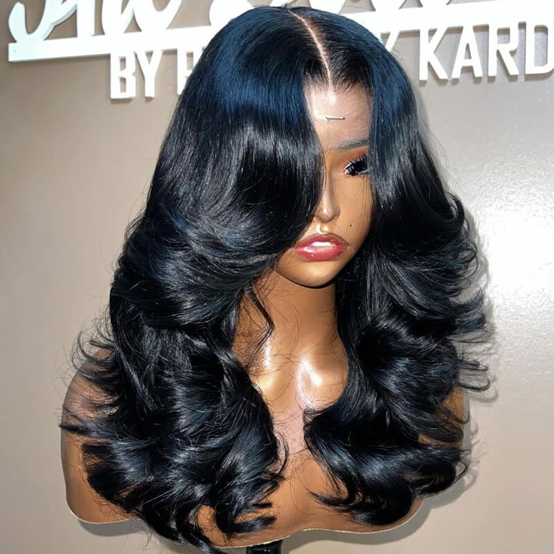Eullair Hairstylist Inspired Butterfly Layered Cut Loose Body Wave Human Hair Wig with Curtain Bangs - Pre Cut Lace Front Wig for Everyday Wear & Special Occasions