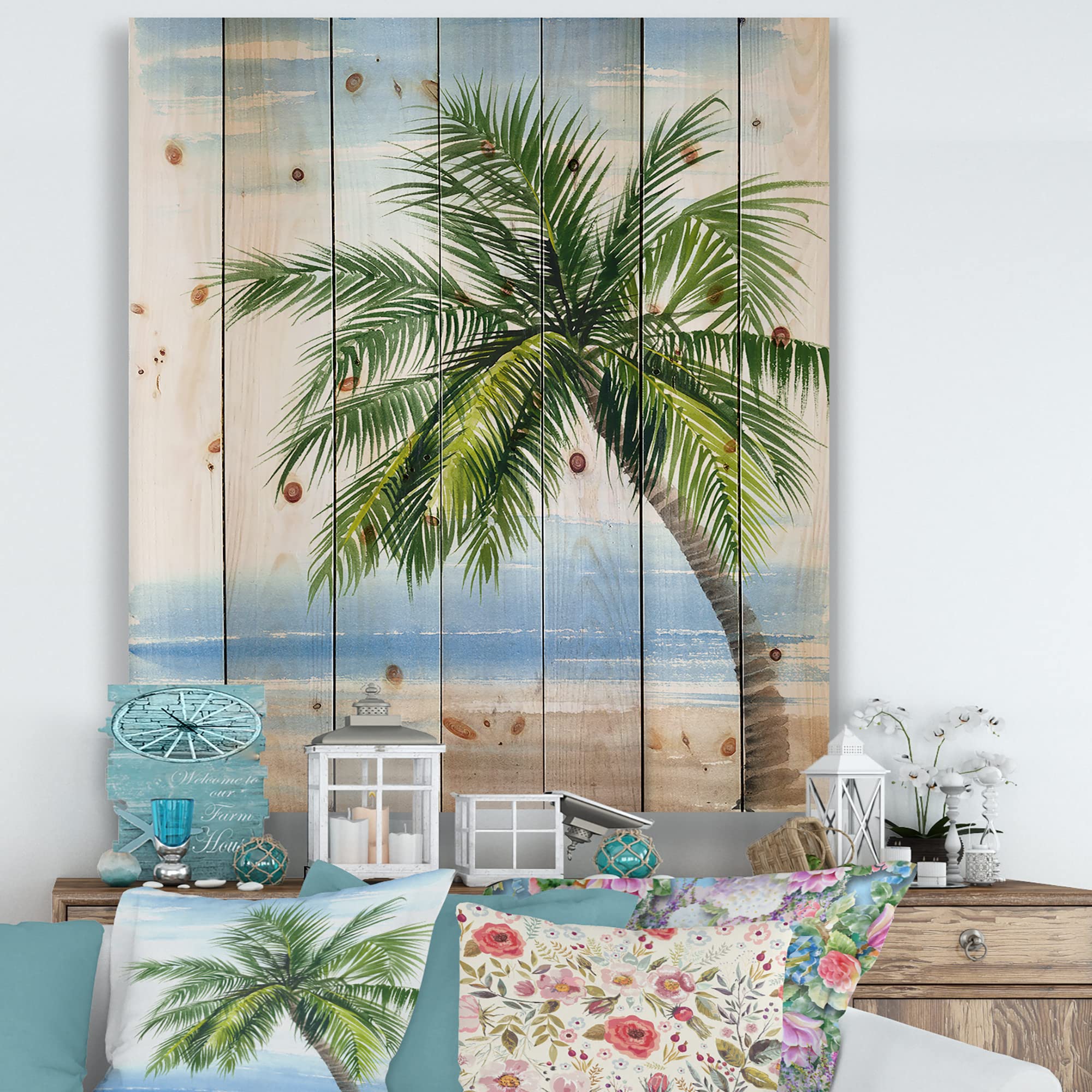 DesignQ Palm Tree At The Beach Resort Wood Wall Decor - Coastal Nautical Wall Art on Natural Pine Wood - Large Green Beach Wood Wall Panels for Living Room, Bedroom & Beach House Decor
