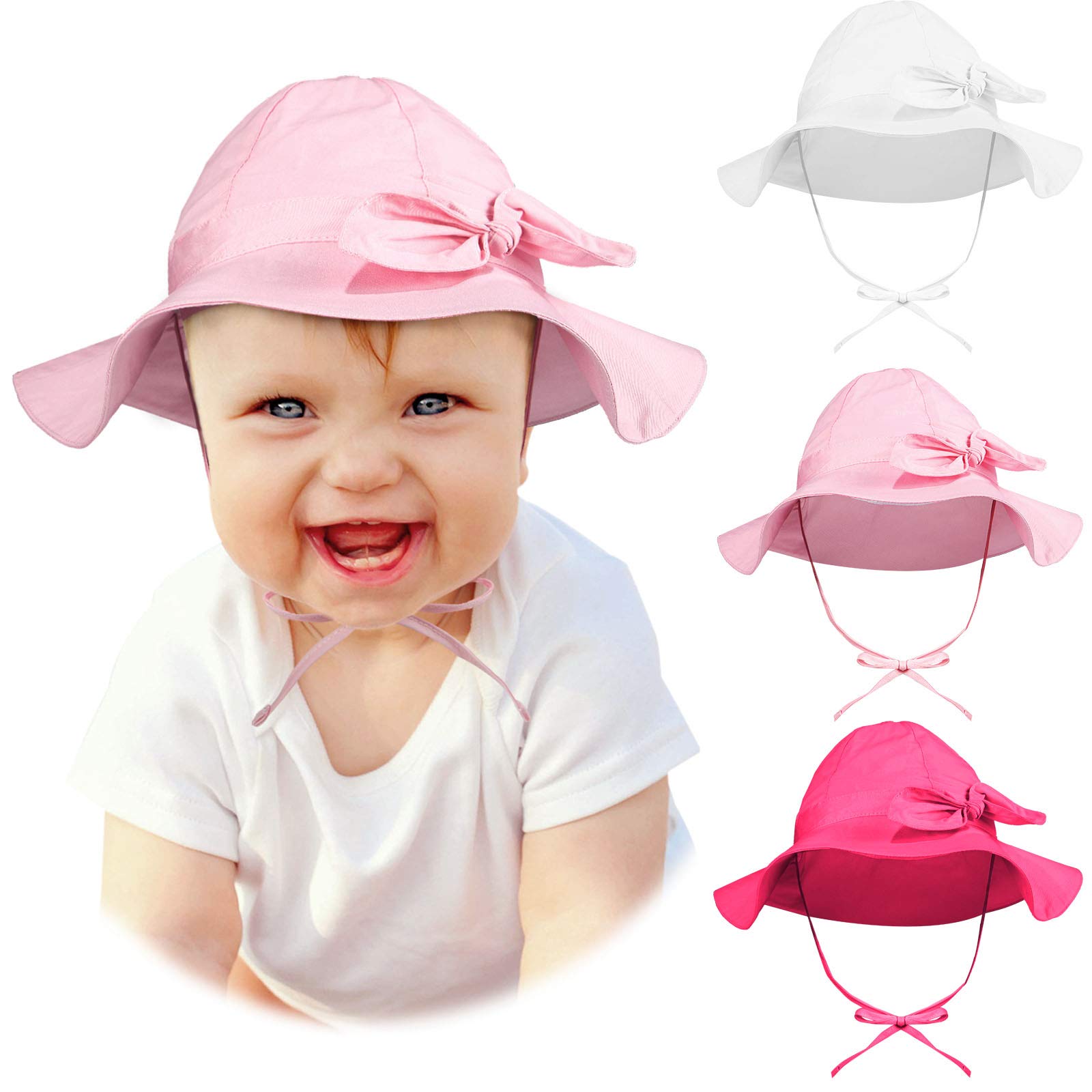 3-Piece Baby Girls Sun Hats with Wide Brim & Bowknot - UPF 50+ UV Protection Summer Beach Bucket Hats for Infants & Toddlers - Perfect for Outdoor, Beach, Pool & Park Adventures