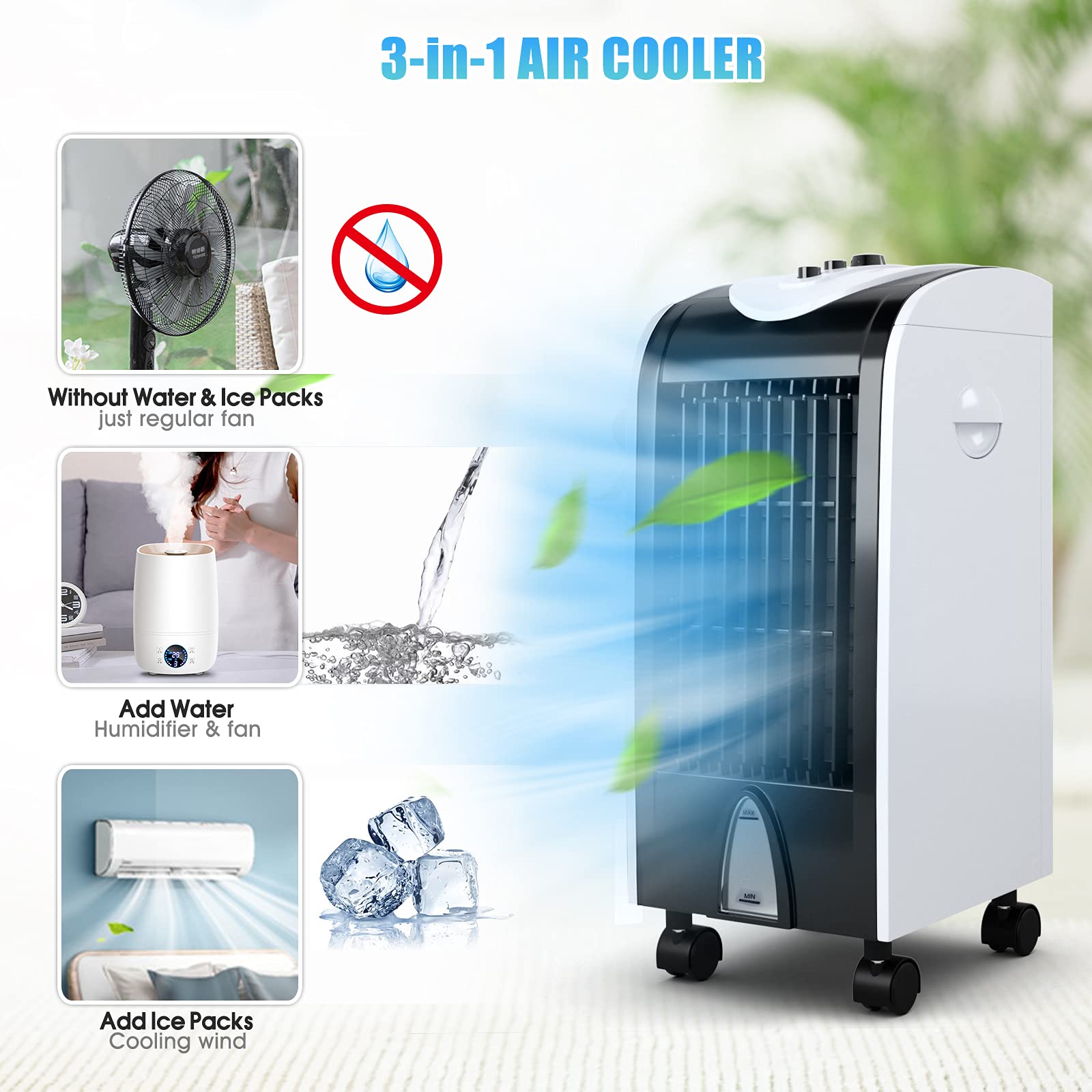 3-in-1 Portable Evaporative Air Cooler with Fan & Humidifier, Bladeless Quiet Cooling Machine, 3 Speeds for Home, Office, Dorms, Bedrooms, and Small Spaces