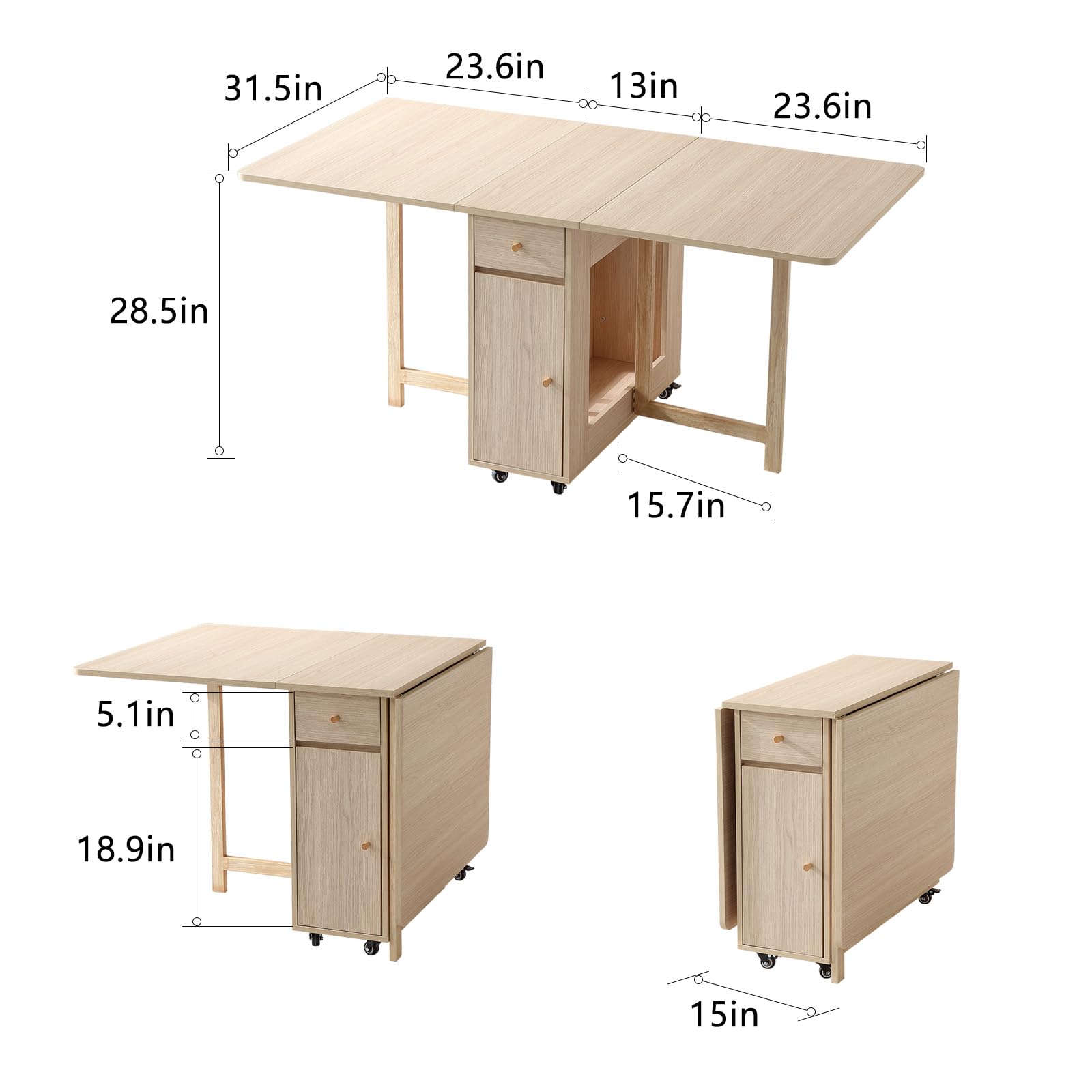 Extendable Drop Leaf Folding Dining Table with 2 Drawers & 4 Wheels - Space Saving Kitchen Table for Small Apartments, Farmhouse, Living Room | Solid Wood Finish | Perfect for Dining, Entertaining & Home Office Use