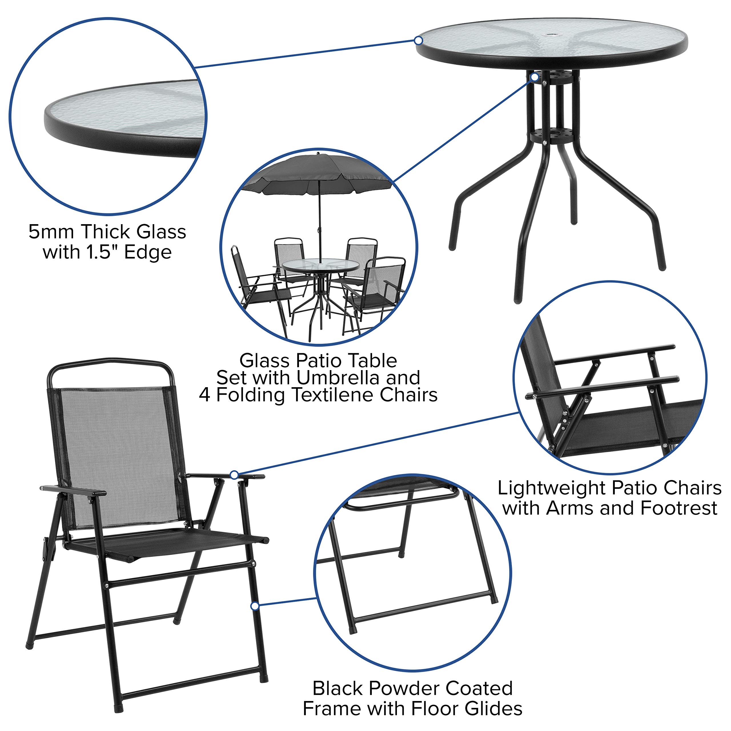 Emma & Oliver 6-Piece Black Patio Furniture Set with Umbrella Table & 4 Folding Chairs - Outdoor Garden, Backyard, Poolside Dining & Relaxation Set