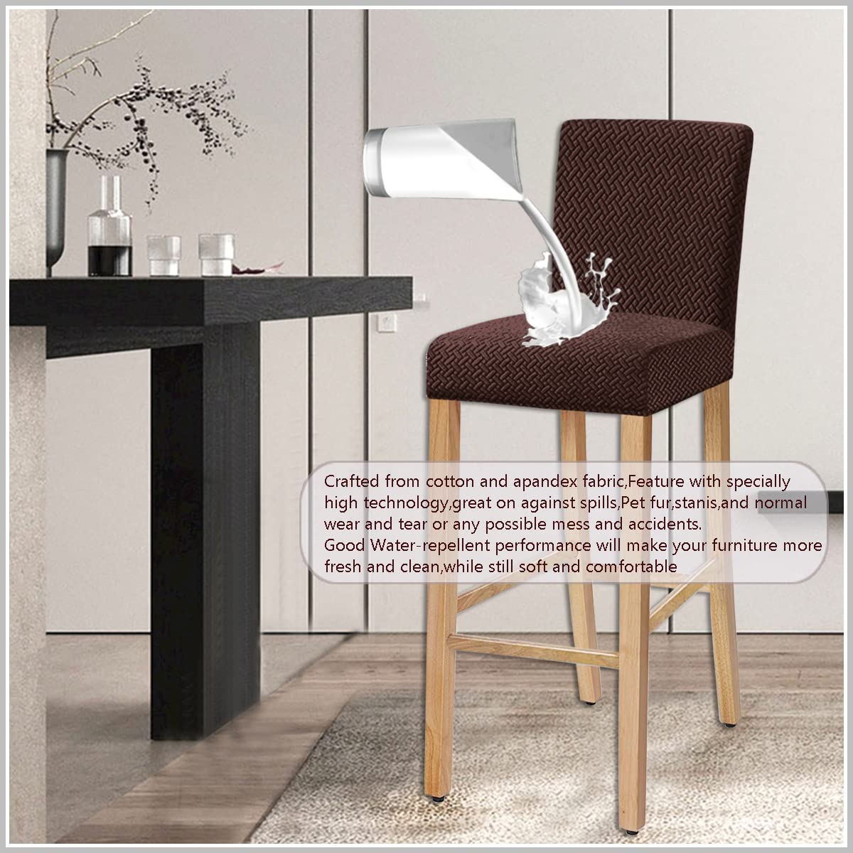 Stretch Jacquard Bar Chair Covers with Backrest - Washable & Removable Slipcovers for Dining Chairs, Bar Stools & Rotating Chairs (Set of 4, Coffee Brown) - Perfect for Home, Cafe & Restaurant Decor