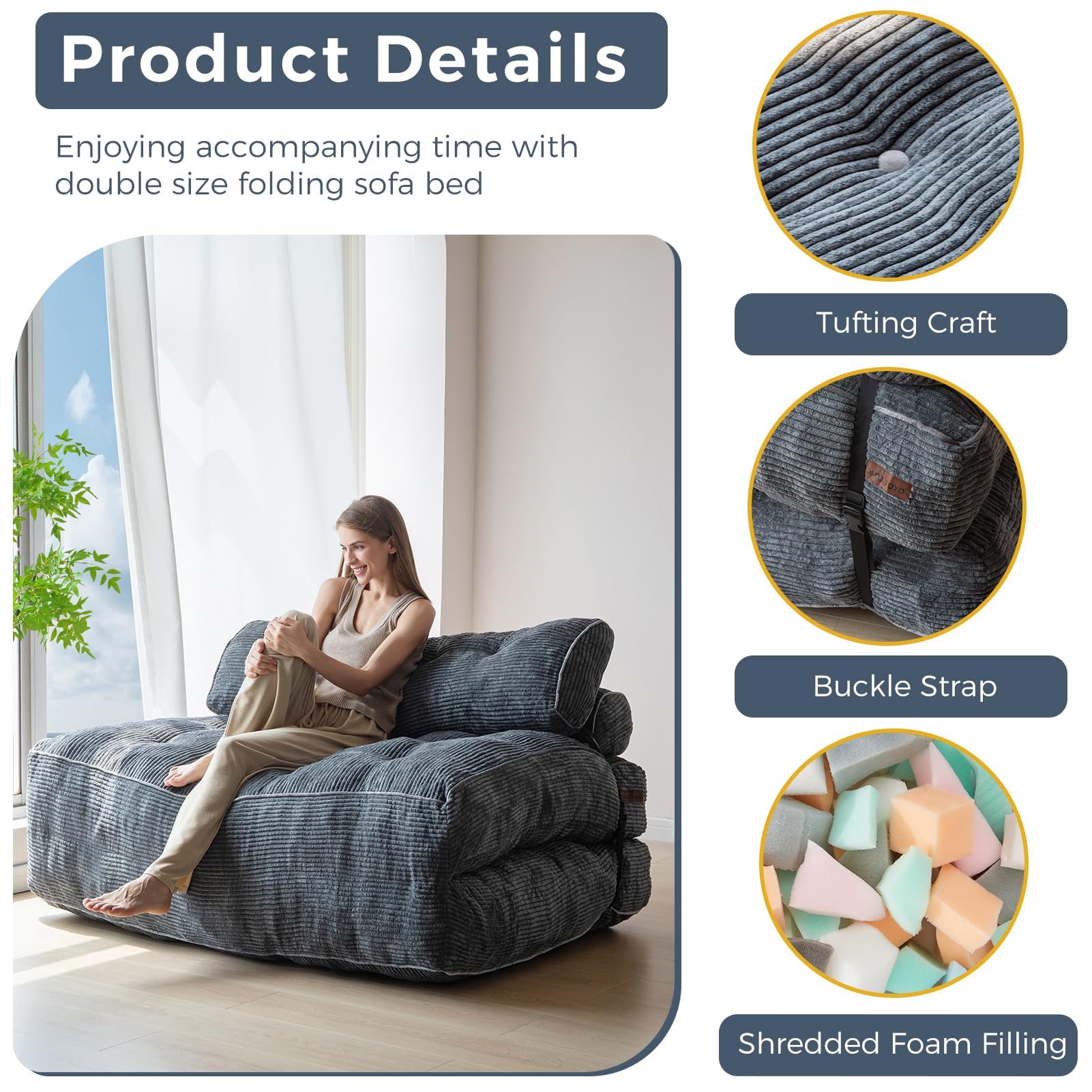 MAXYOYO Corduroy Folding Sofa Bed - Convertible Sleeper Chair with Pillow & Foldable Mattress, Back Support (Double Size, Dark Grey) for Small Spaces, Guest Rooms & Apartments