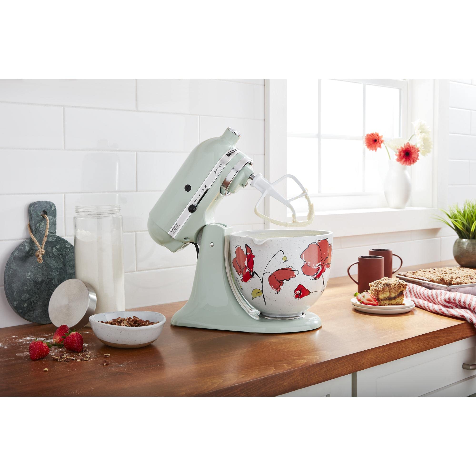 KitchenAid 5 Quart Ceramic Mixing Bowl - Compatible with 4.5-5 Quart Tilt-Head Stand Mixers (KSM2CB5PPY, Poppy Red) - Perfect for Baking, Mixing Dough & Food Prep