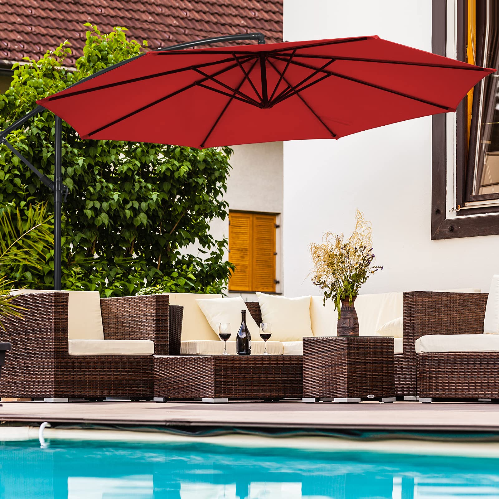 Giantex 10FT Patio Offset Umbrella with Crank - 8 Ribs Cantilever Outdoor Umbrella, Tilt Adjustment & Cross Base - Large Market Umbrella for Poolside, Backyard, Lawn, Garden, Deck, and Outdoor Dining Areas