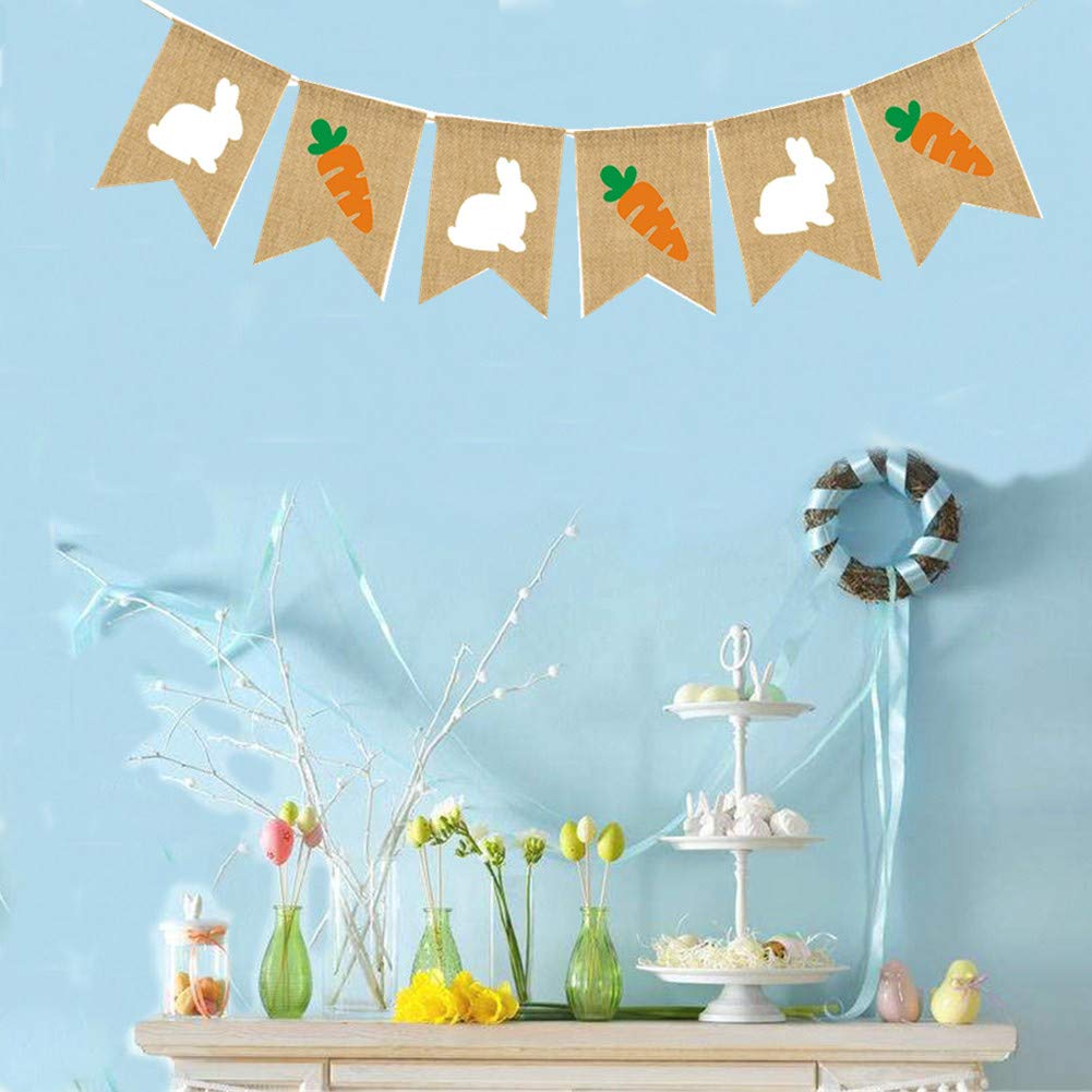 3 PCS Burlap Easter Banner - Rabbit Bunny Garland Happy Easter Bunting for Party Decorations, Spring Home Decor, Easter Egg Hunt & Outdoor Garden Party (Natural Burlap)