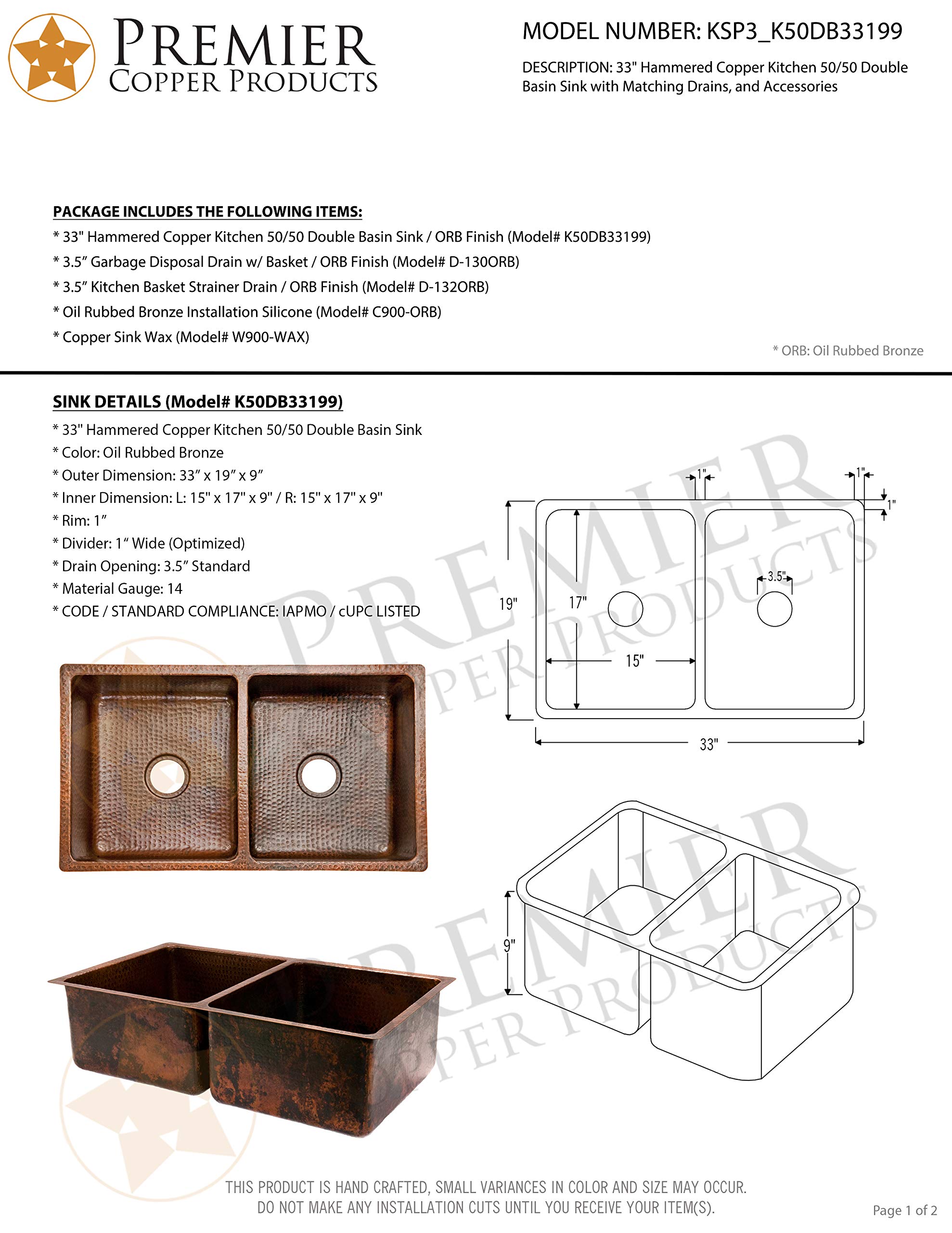 Premier Copper Products KSP3_K50DB33199 33-Inch Basin Split Copper Kitchen Sink with Drain - Rust-Resistant, Durable & Stylish for Modern Farmhouse & Rustic Kitchens