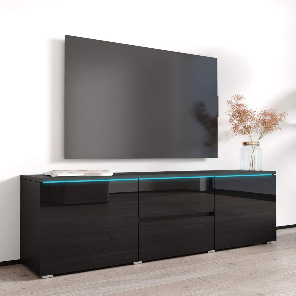 Modern Black Rectangular TV Stand with Storage Cabinets & LED Lights - Freestanding Media Console for TVs Up to 63