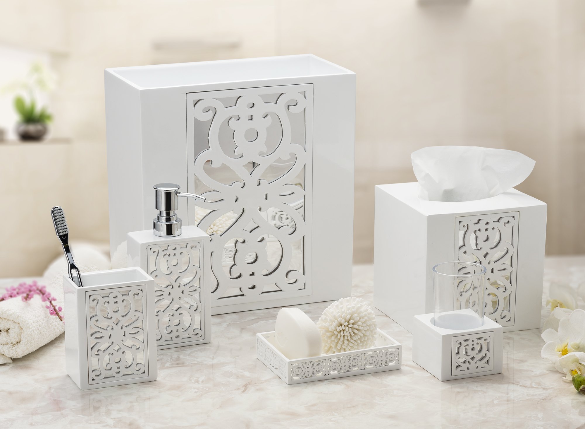Creative Scents Mirror Janette White 6-Piece Bathroom Accessories Set - Includes Soap Dispenser, Toothbrush Holder, Tumbler Cup, Soap Dish, Tissue Cover & Wastebasket | Elegant Bathroom Decor for Home, Hotel & Spa