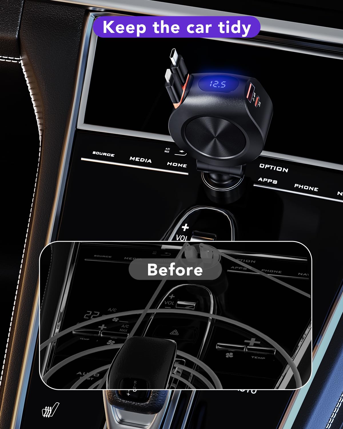 69W Retractable Car Charger with 4-in-1 Fast Charging - Dual USB Ports & 2 Retractable Cables for iPhone 16/15/14/13, AirPods 4/3, iPad, Galaxy, Pixel & Android Phones | Perfect for Road Trips & Daily Commutes