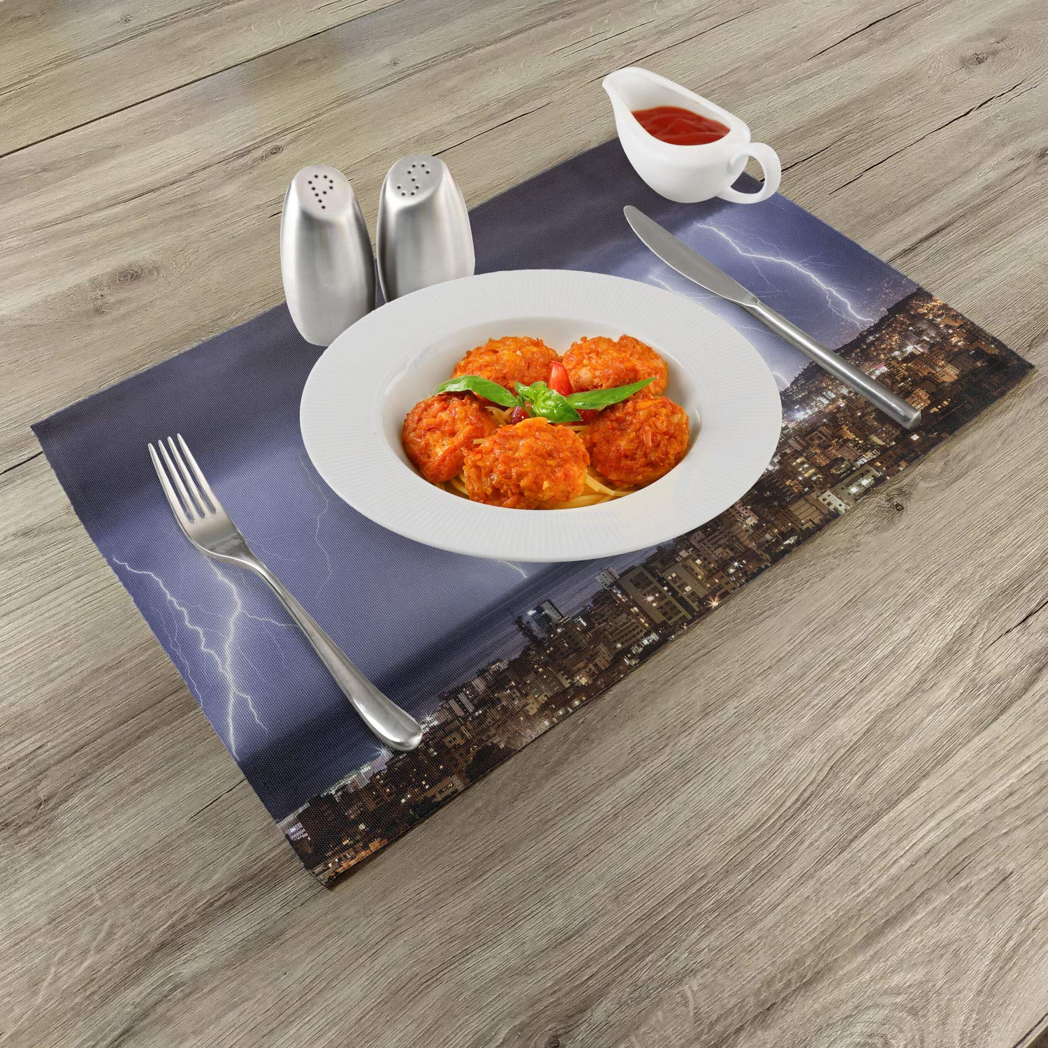 Ambesonne 4-Piece Nature Placemats Set - Majestic Coastal Town View with Dark Stormy Night & Giant Rain Cloud Design - Washable Fabric Table Mats for Dining Room & Kitchen Decor - Perfect for Dinner Parties, Holiday Gatherings & Everyday Use