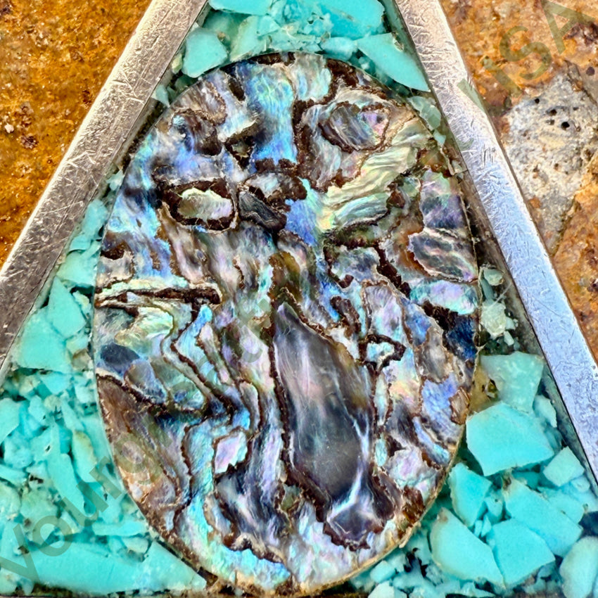 Vintage Sterling Silver Triangle Pendant with Abalone & Turquoise Mosaic - Handmade Boho Jewelry for Women, Perfect for Layering Necklaces & Everyday Wear