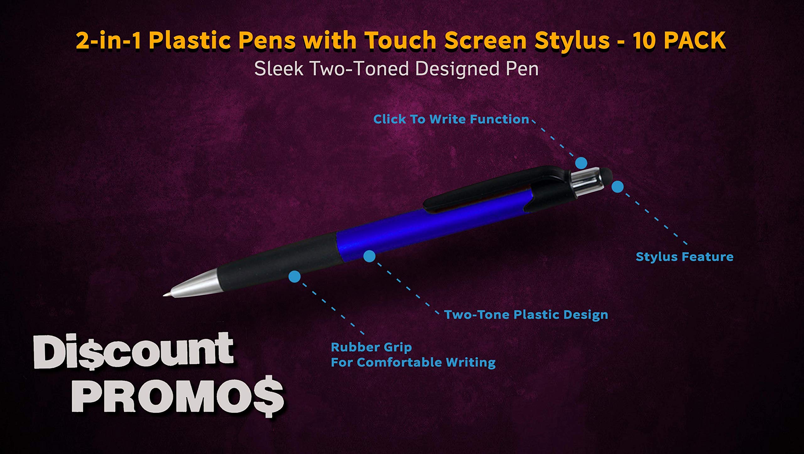 10 Pack Touch Screen Stylus Pens - Metallic Blue Plastic Pens for iPad, Tablet & Smartphone - Perfect for Note Taking, Drawing & Digital Signatures
