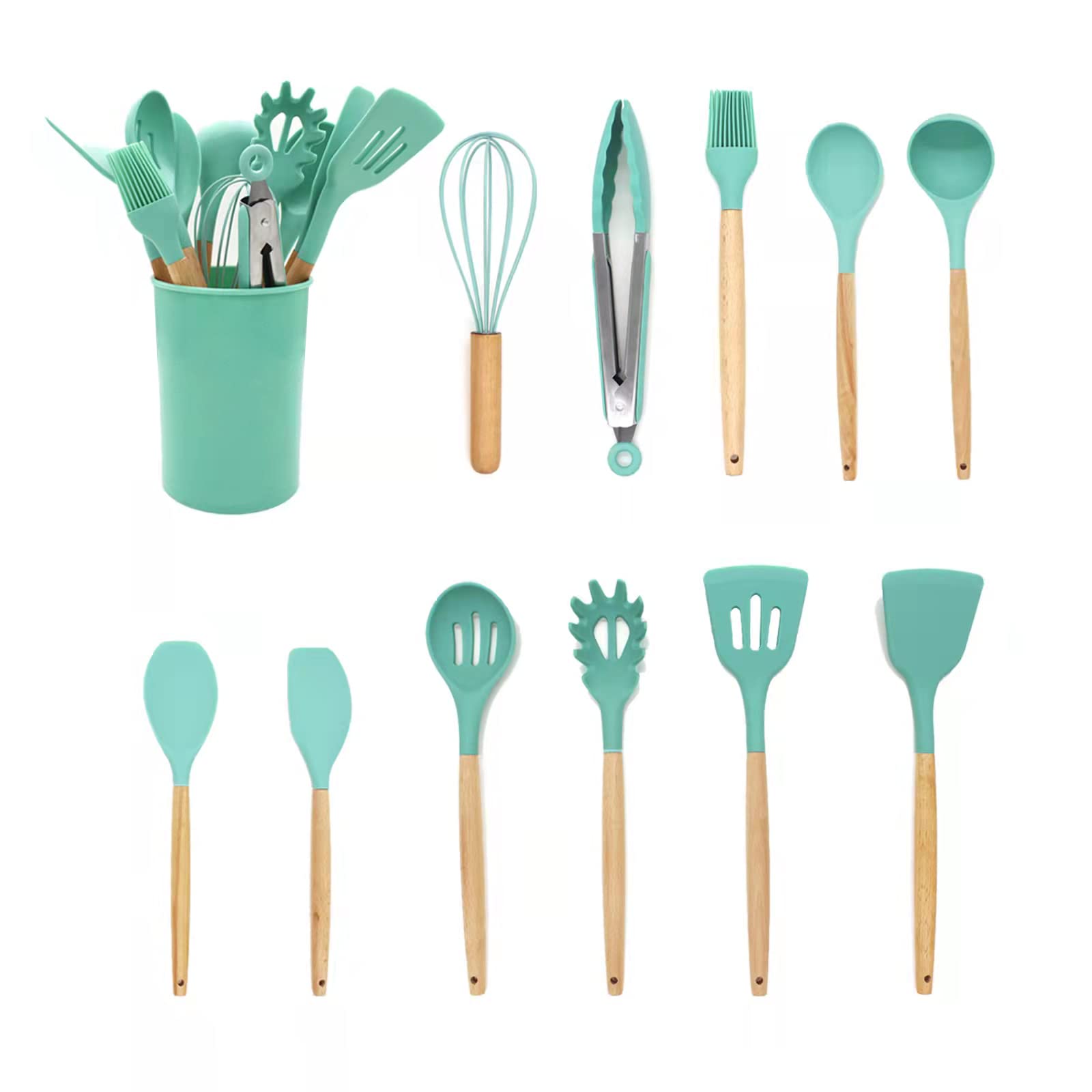 Silicone Cooking Utensils Set - 12 Pc Nonstick Kitchen Utensils with Wooden Handles, Easy to Clean Spatula Set, Perfect for Nonstick Cookware, Baking, Frying & Everyday Cooking (Green)