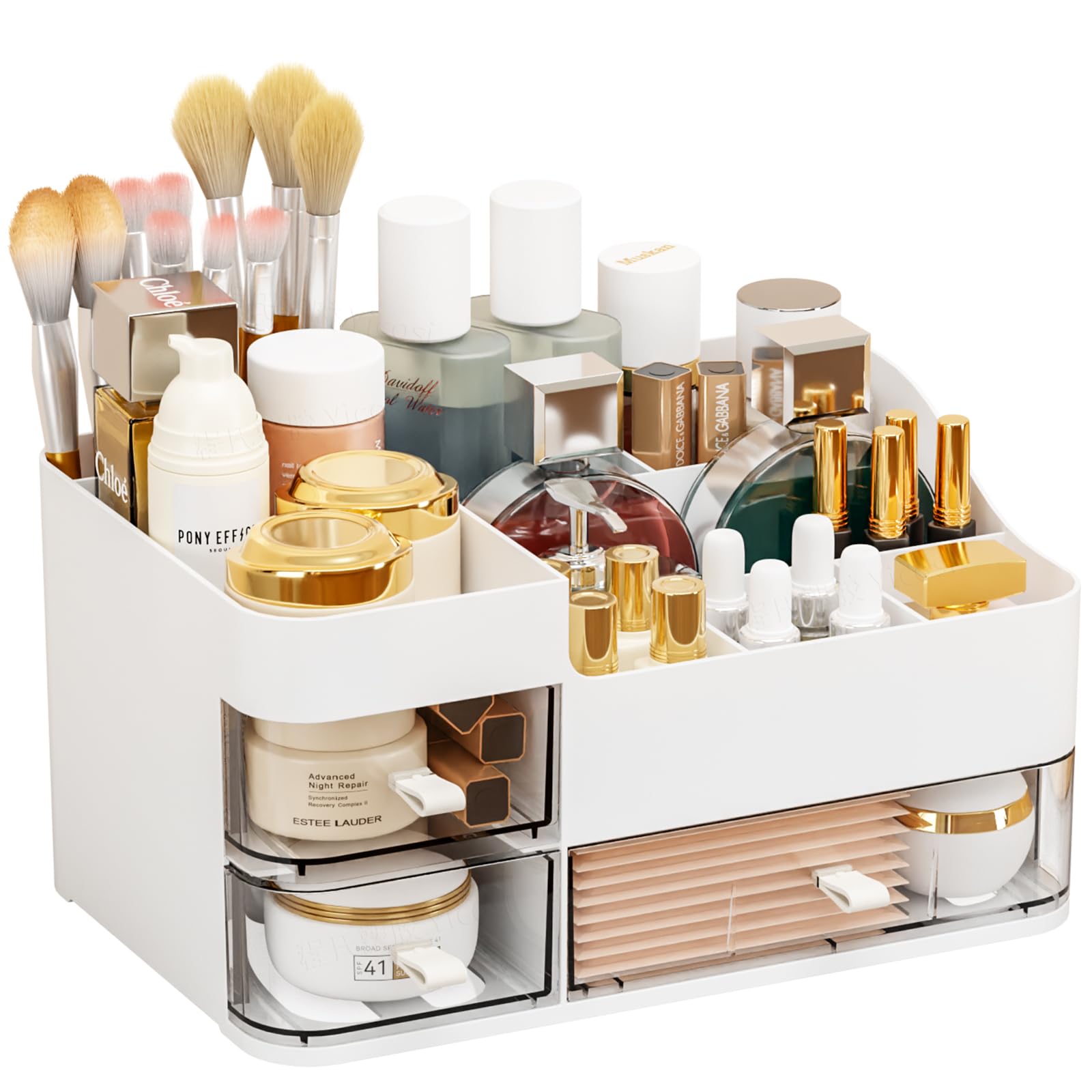 Large Capacity Makeup Organizer with Drawers - Cosmetic Storage Organizer for Vanity, Bathroom & Dresser | White Skincare & Beauty Products Organizer | Perfect for Countertop, Bedroom & Travel Use