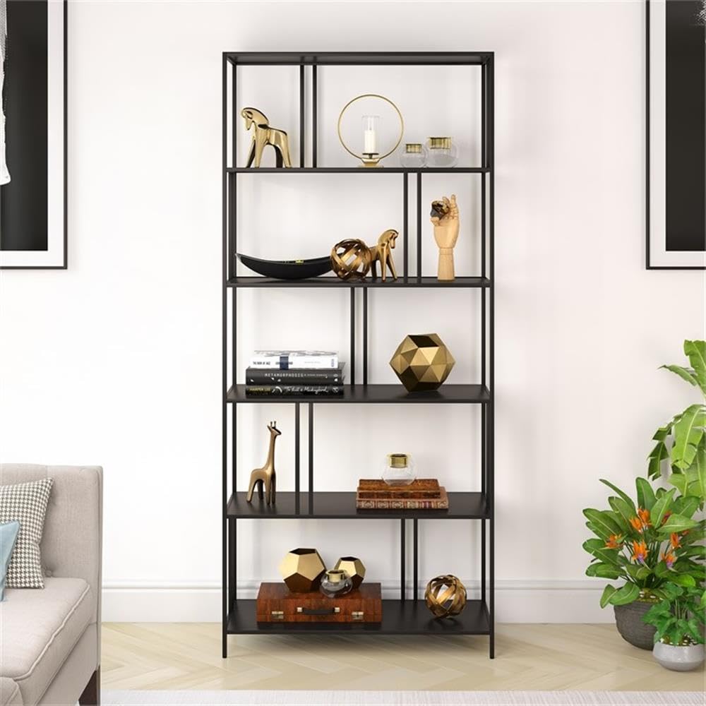 Henn&Hart 34 Inch Blackened Bronze Metal Bookcase - 5 Shelf Industrial Style Book Storage for Living Room, Office & Study