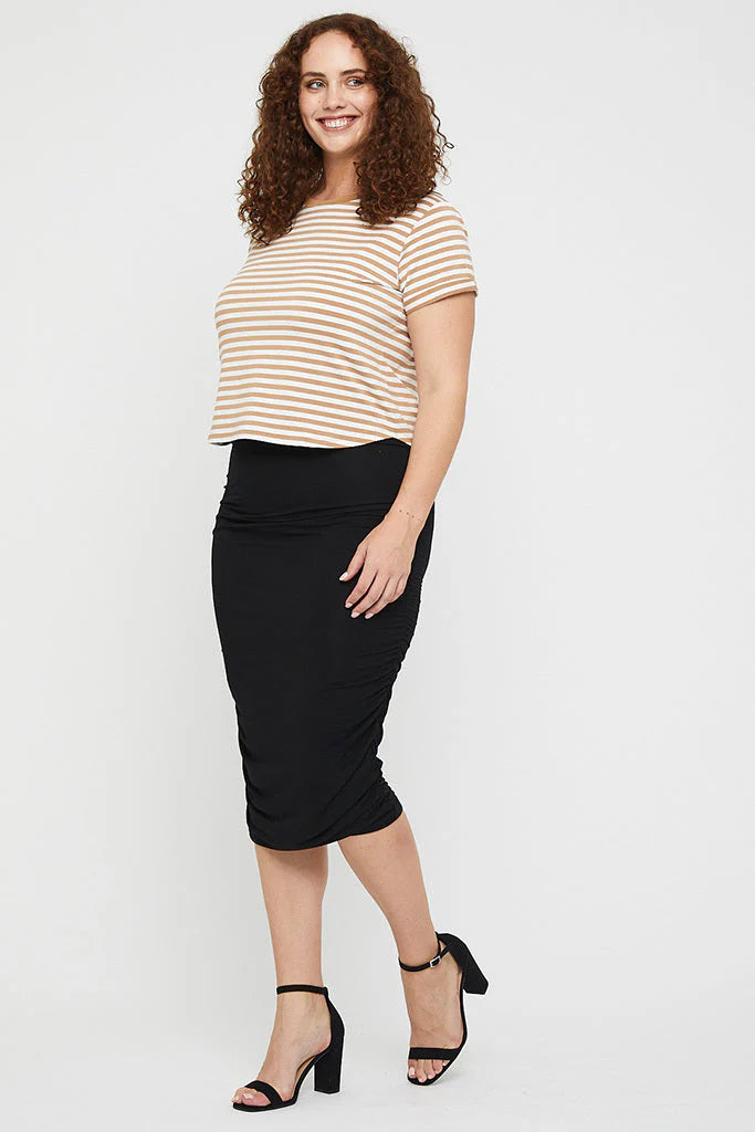Bamboo Ruched Midi Skirt for Women - Stretchy High Waist Flowy Skirt in Black | Perfect for Casual Outfits, Office Wear & Summer Dresses