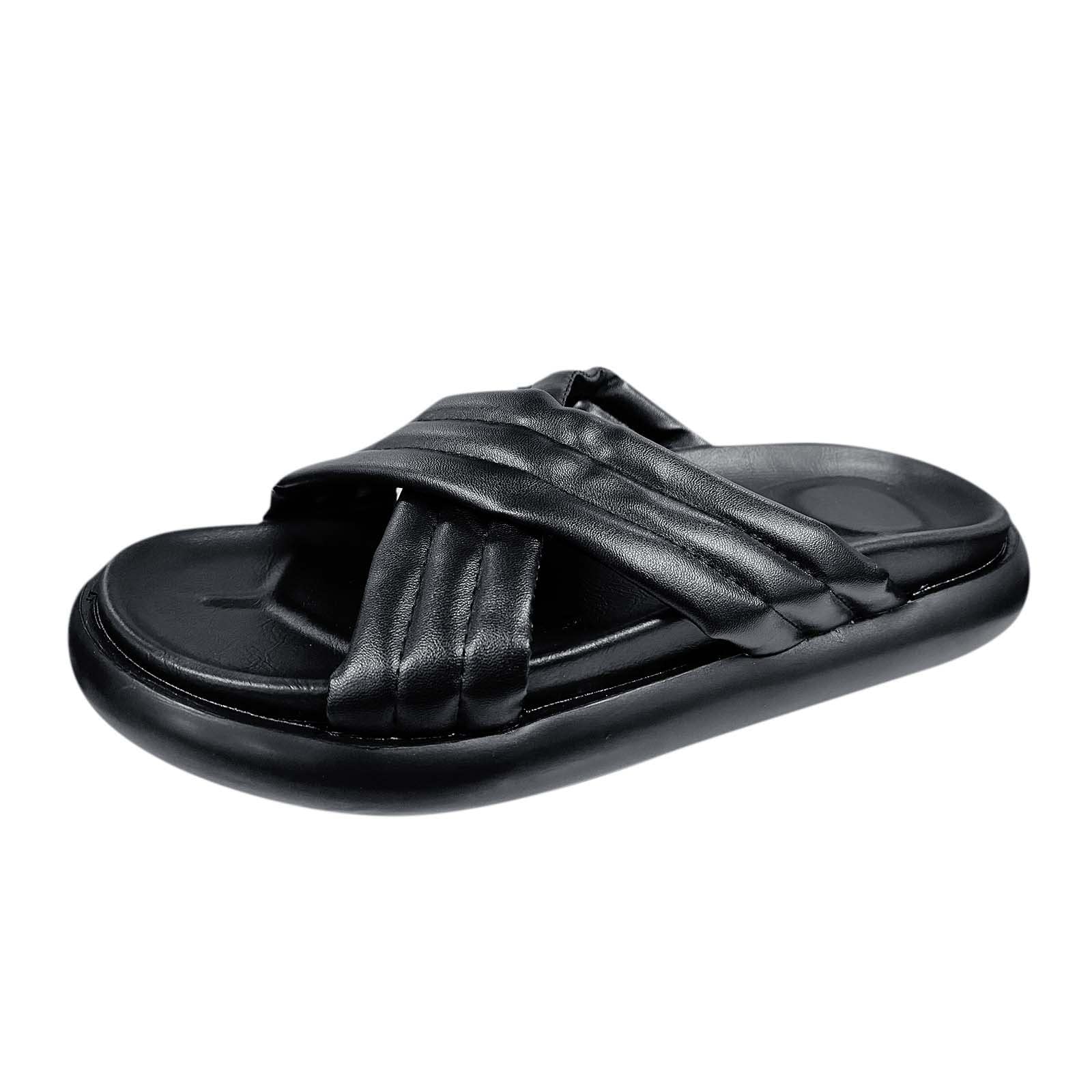 Women's Solid Color Leather Cross Strap Thick Sole Casual Slip-On Slippers - Comfortable House Shoes for Home, Office & Travel