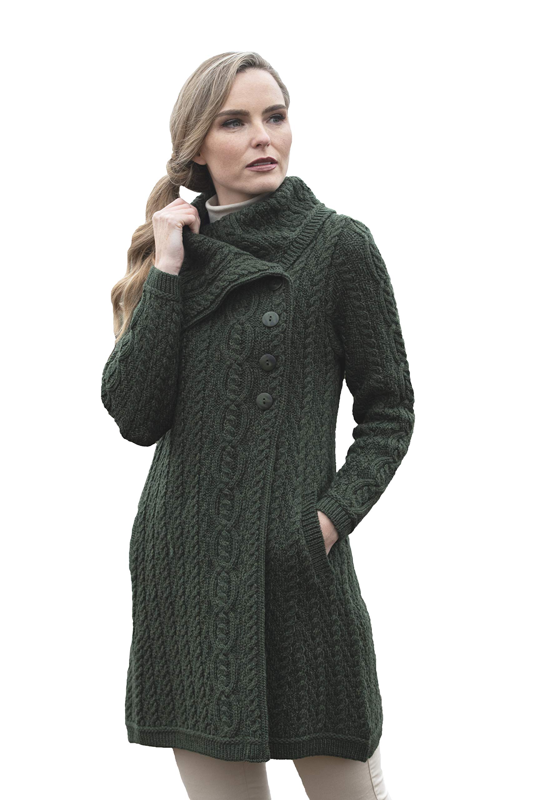 Aran Crafts Women's Cable Knit Soft Collar 3 Button Coat - 100% Merino Wool Winter Jacket for Women | Warm & Stylish Outerwear for Fall, Winter & Holiday Season