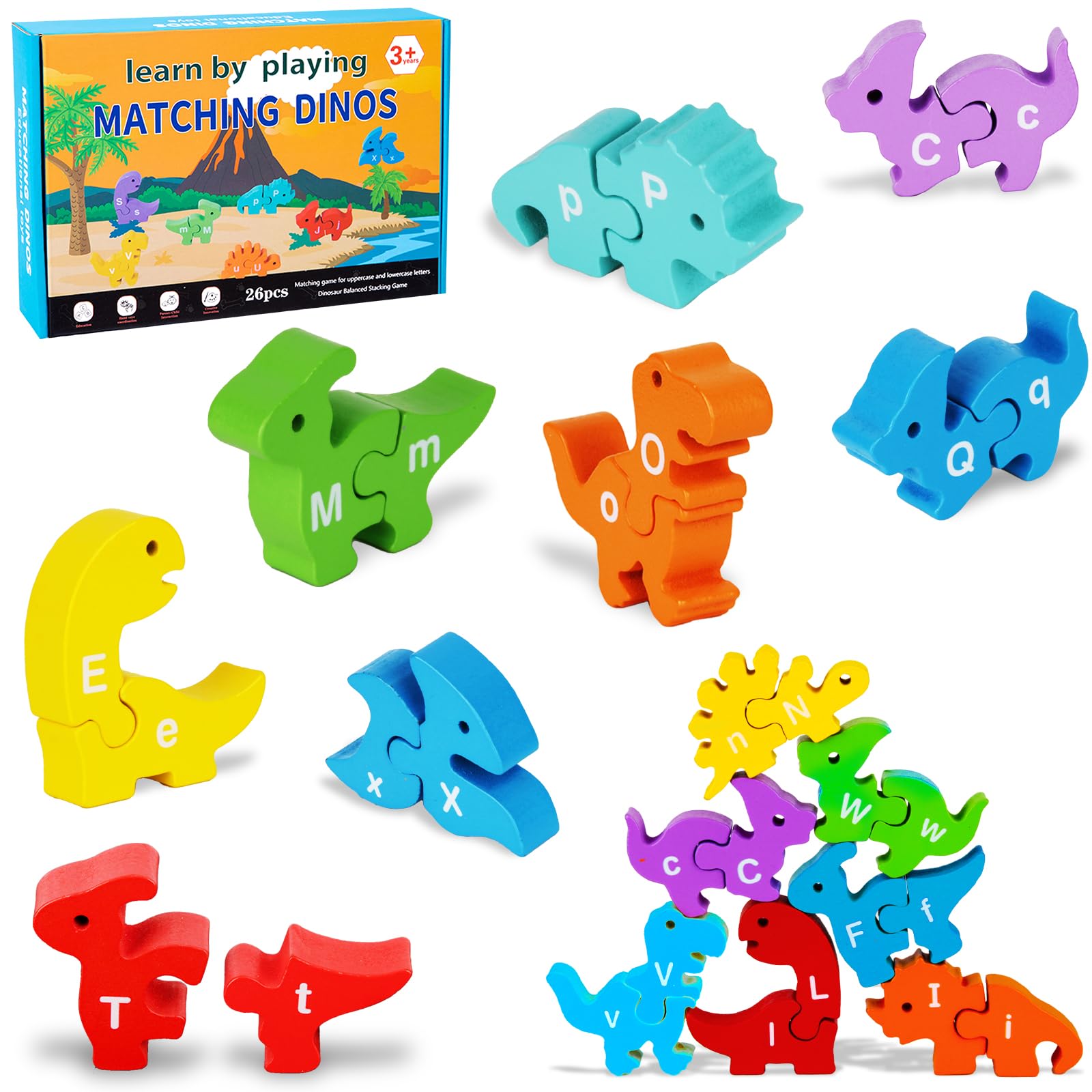 Montessori Wooden Alphabet Learning Toys for Kids Ages 3-6 - 26PCS Dinosaur ABC Matching Letters & Stacking Educational Toys | Perfect for Preschool Learning, Birthday Gifts & Montessori Classroom Activities