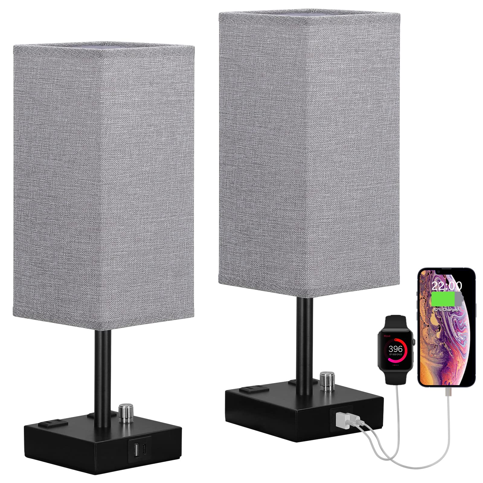 Gray Fully Dimmable Nightstand Lamps Set of 2 - USB C+A Charging & 2 AC Outlets Table Lamps with Linen Shade for Bedroom, Living Room, Office (Bulb Included) | Perfect for Reading, Charging Devices & Creating Cozy Ambience