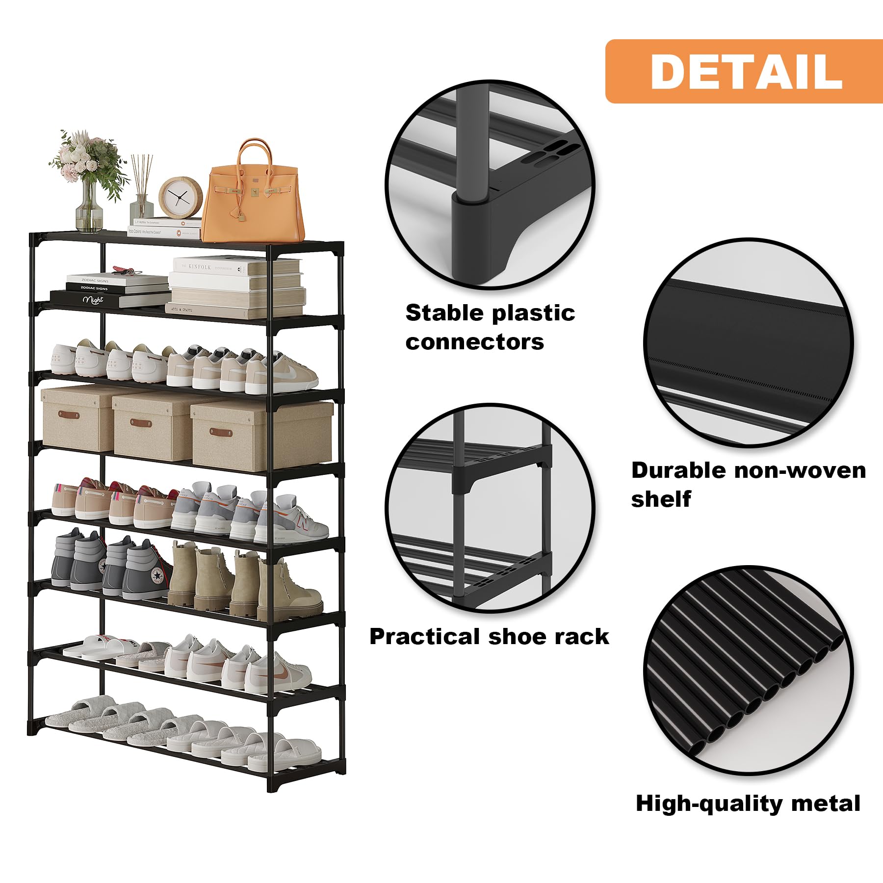 Calmootey 8-Tier Shoe Rack - Large Capacity Organizer Holds 40 Pairs | Stackable Shoe Shelf for Entryway & Hallway | Space-Saving Black Shoe Storage Solution for Home, Apartment & Closet Organization