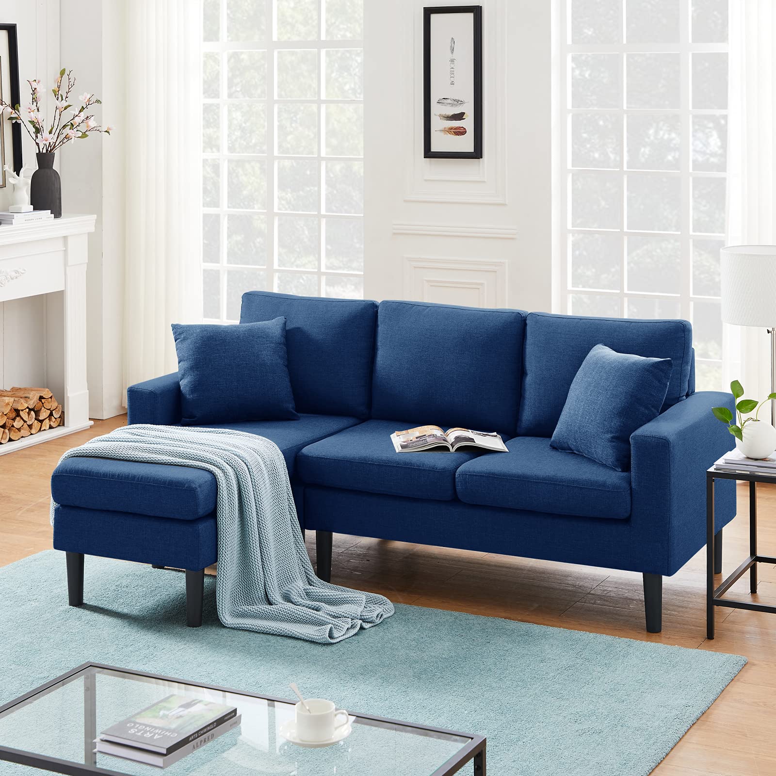 Sun Yoba Left Hand Facing L-Shaped Sectional Sofa with 2 Throw Pillows - Navy Blue Fabric Upholstered Living Room Couch for Small Spaces & Apartments