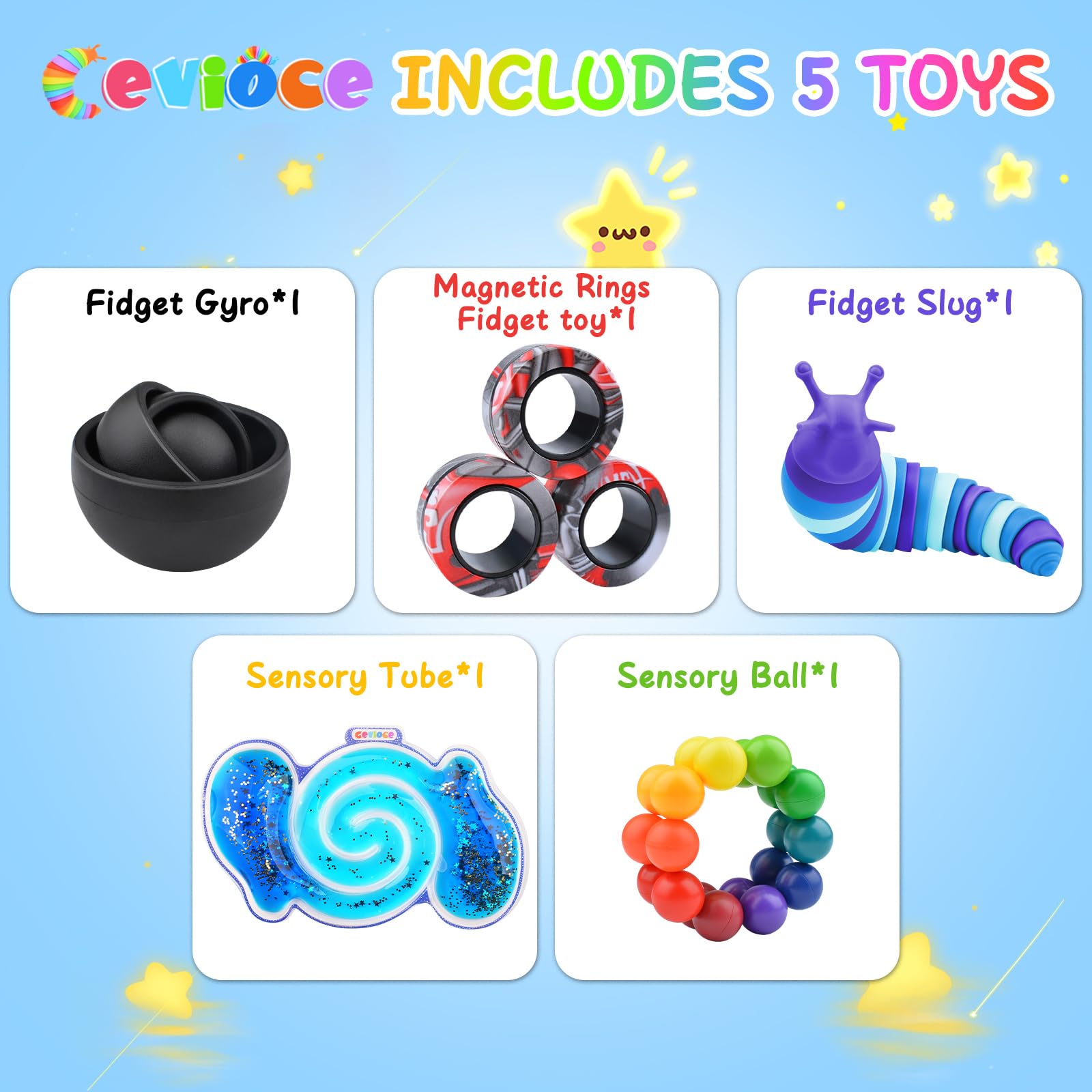 Cevioce 5-Piece Fidget Toy Set for Adults & Kids - Stress Relief Sensory Toys with Spinner, Slug, Magnetic Rings - Perfect for ADHD, Autism, Anxiety - Stocking Stuffers for Teens, Boys & Girls - Great for Classrooms, Travel, and Office Use