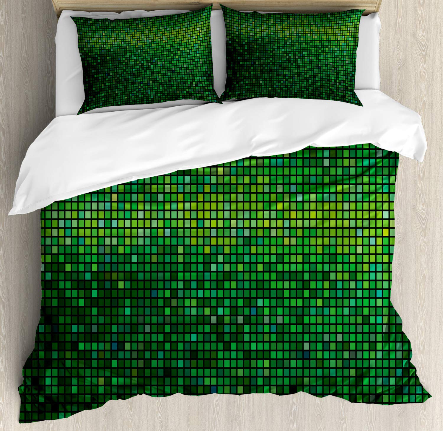 Ambesonne Green Duvet Cover Set - Abstract Vibrant Square Pixel Mosaic Design, Geometric Digital Grid Print Bedding Set | 2 Duvet Covers + 4 Pillowcases | 2 Pack California King Size | Modern Tech-Themed Bedroom Decor for Contemporary Homes