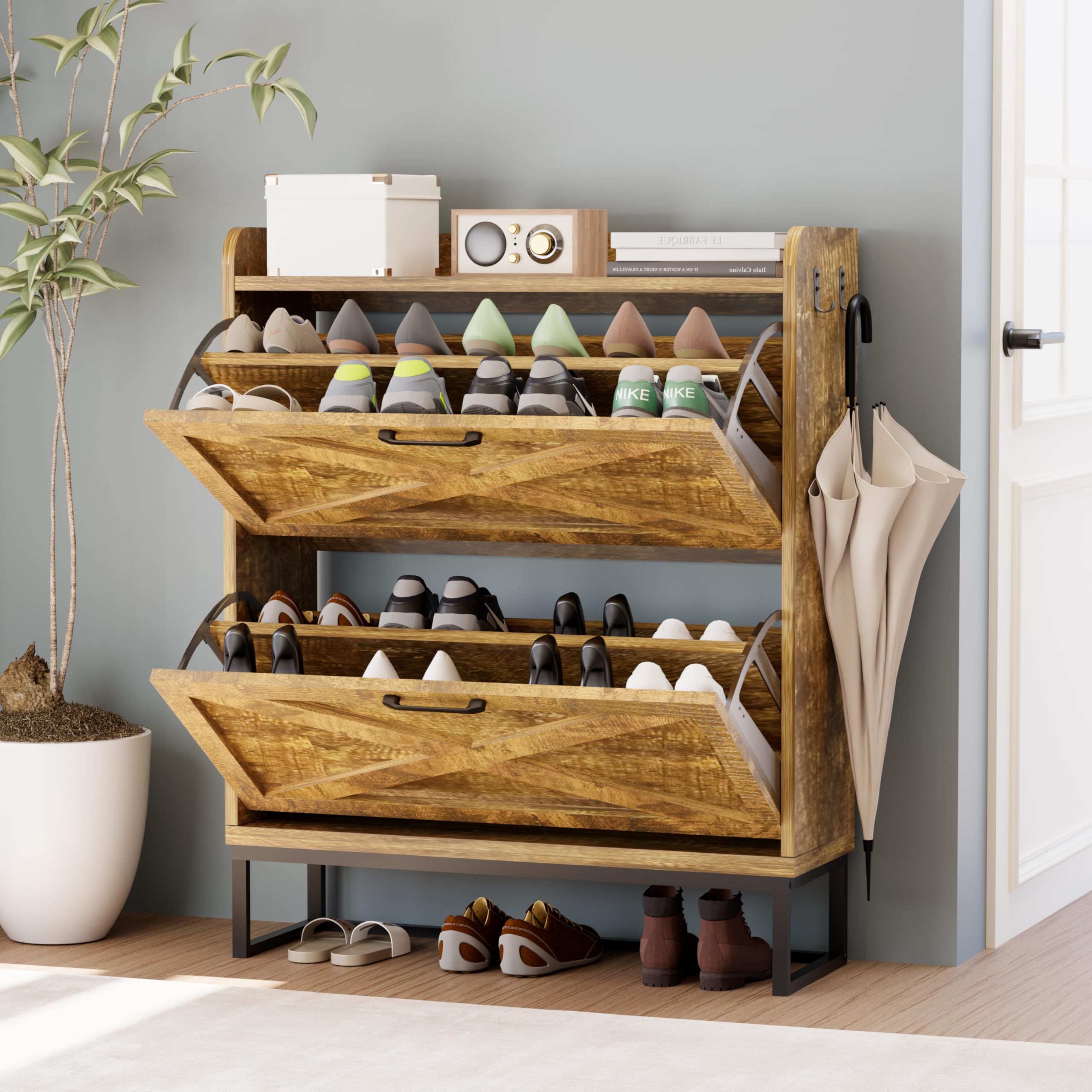 Slim Shoe Cabinet for Entryway - 2 Flip Drawers Shoe Organizer with Hidden Storage & Metal Legs, Farmhouse Free Standing Shoe Rack Cabinet in Rustic Brown - Perfect for Small Spaces, Apartments and Home Organization