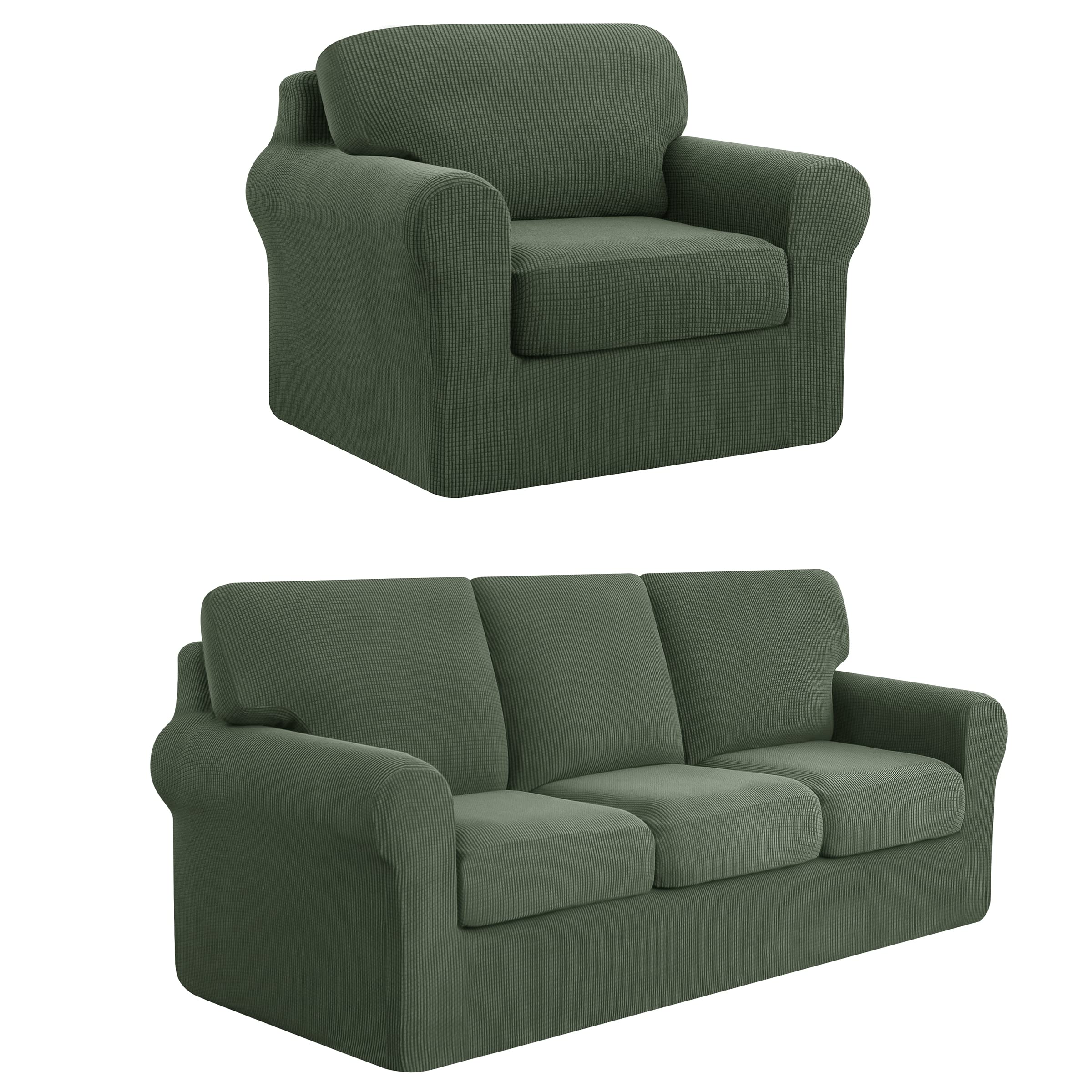 SUBRTEX 3-Piece Armchair Cover & 7-Piece Sofa Slipcover Set - Stretch Couch Covers with Separate Backrest & Cushion Covers - Olive Drab (Small + Large) - Perfect for Living Room Furniture Protection & Style Upgrade